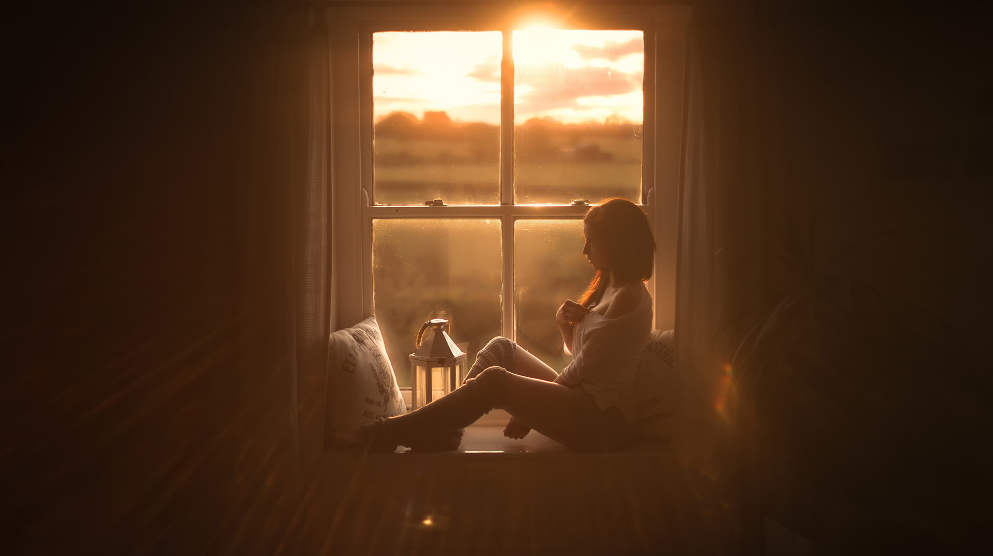 girl, window, leg warmers, 1080P, sunlight, legs, sun kissed, HD Wallpaper