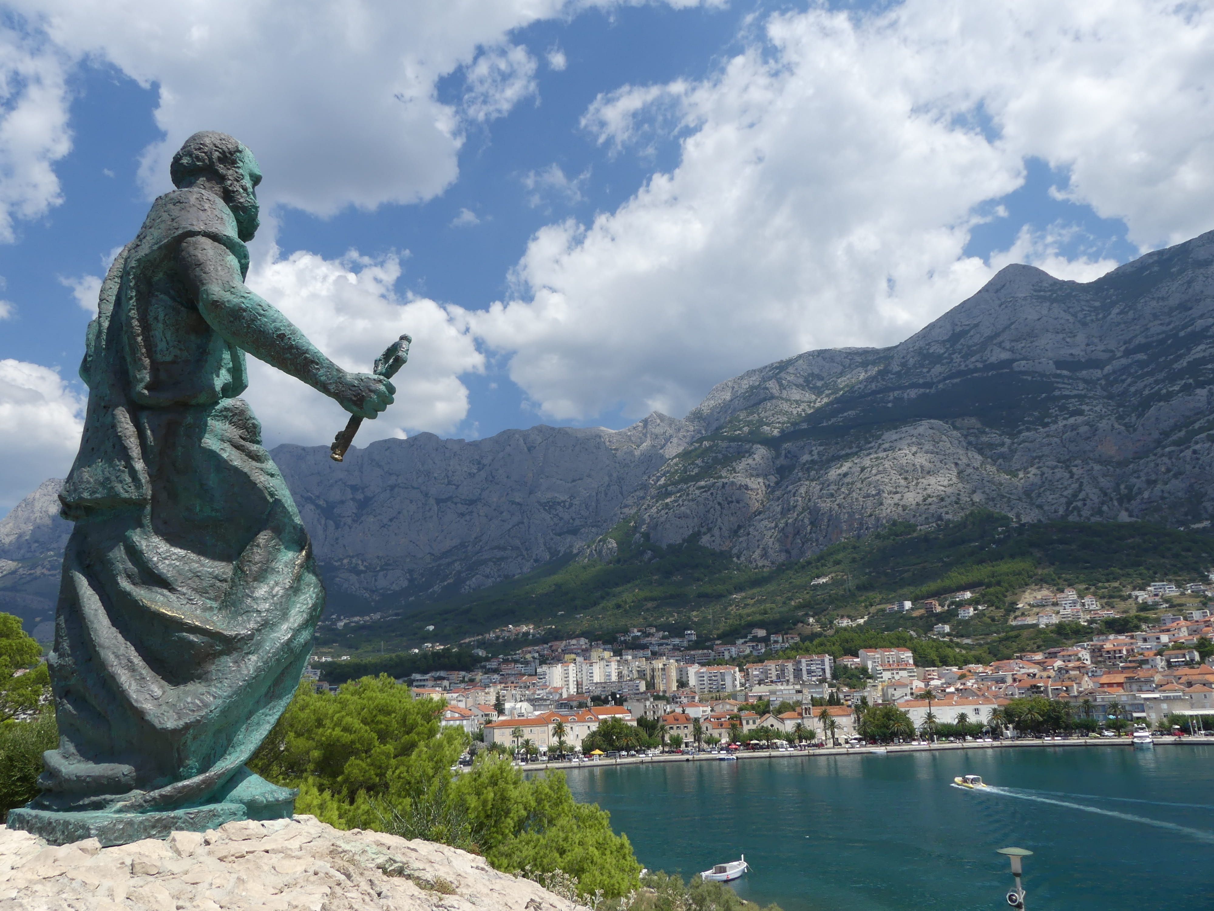 mountain range, mountain, christianity, beauty in nature, makarska, dalmatia, cloud - sky, statue, sculpture, the statue of, croatia, lake, rest, human representation, HD Wallpaper