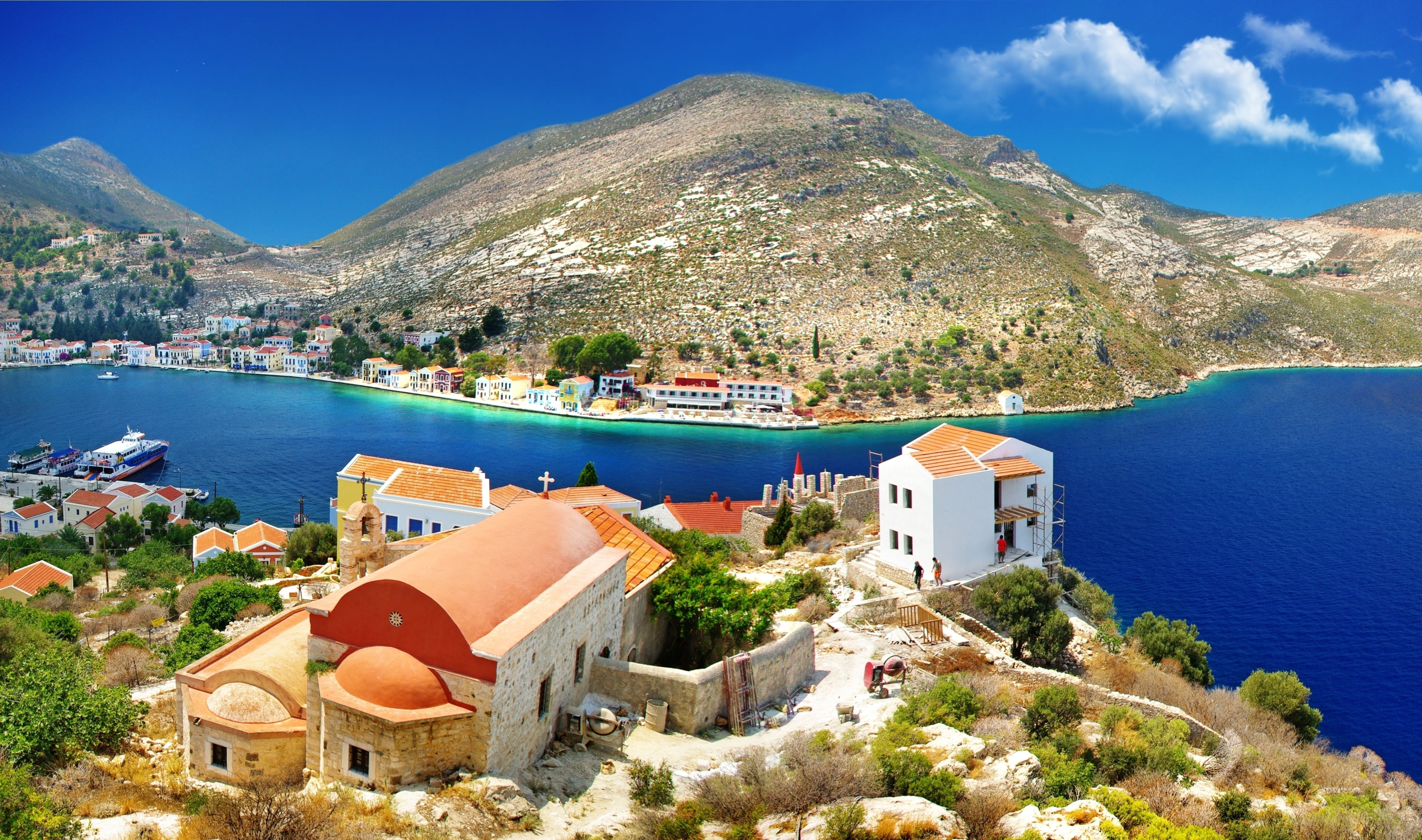 blue, Greece, white, budva, summer, kotor Bay, harbor, house, idyllic, coastline, cultures, travel, 4K, italy, home, scenics, old, europe, sky, cityscape, HD Wallpaper