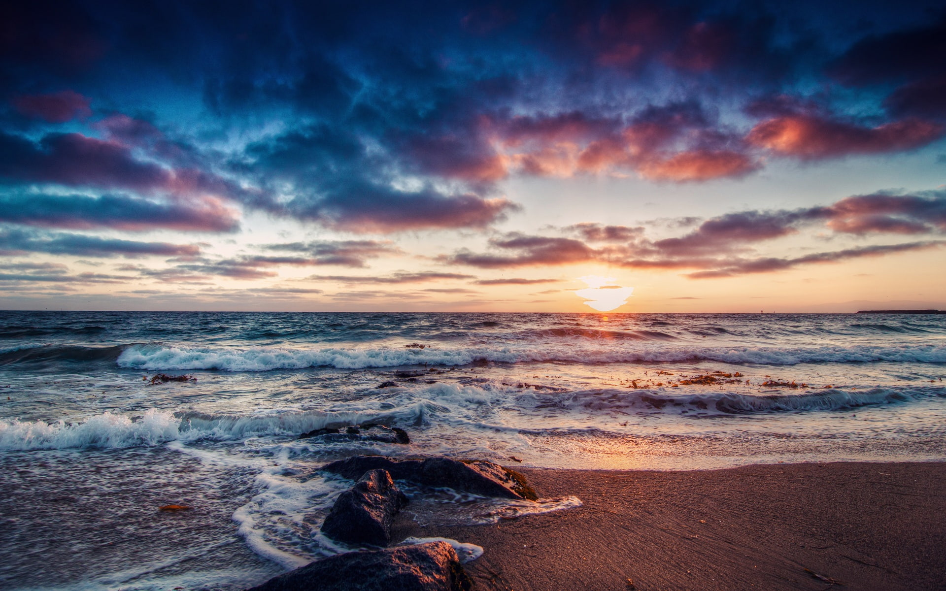 Sunrise, Sea, 1080P, Waves, Clouds, Beautiful, Coast, Rocks, HD Wallpaper