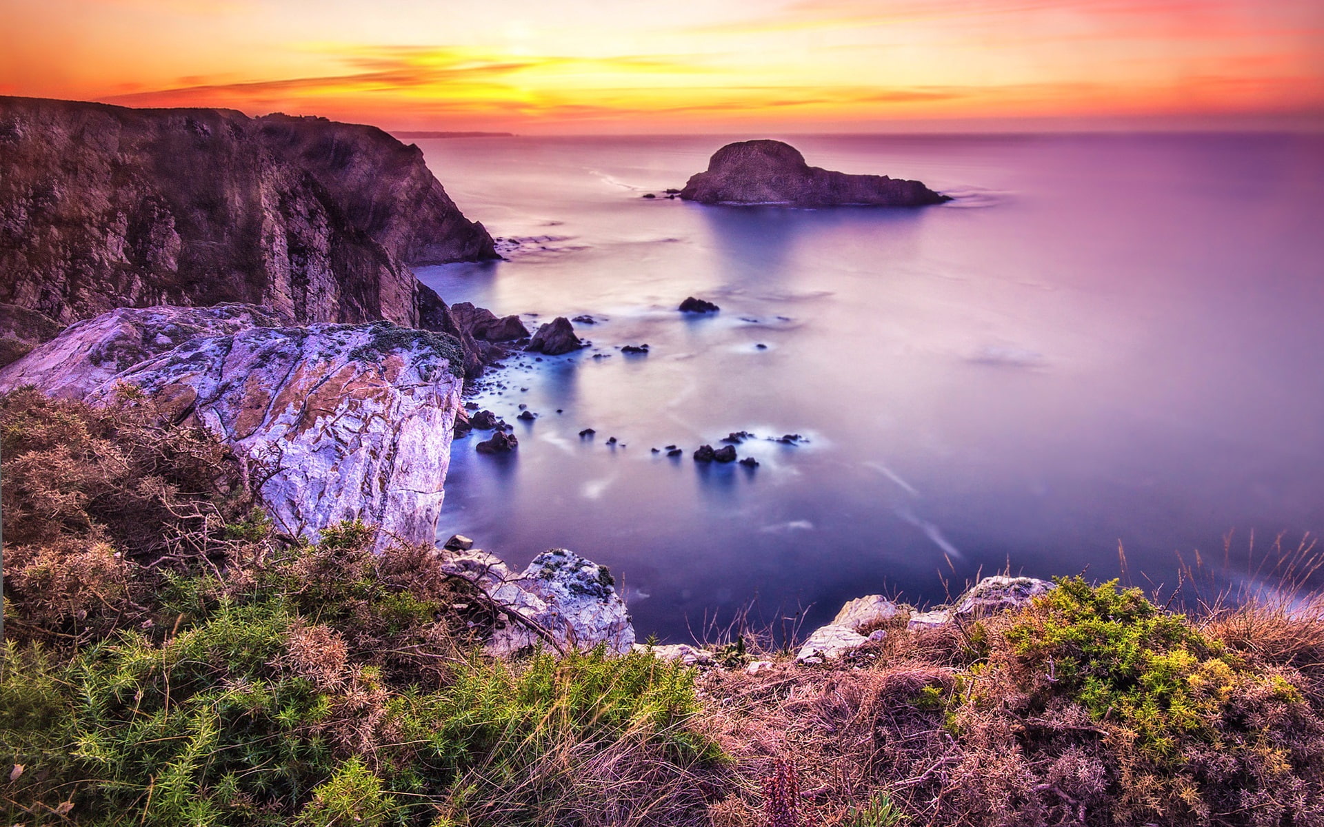 Beach, Sunset, Sea, 1080P, Coast, Stones, cliffs, near, body, Beautiful, water, HD Wallpaper
