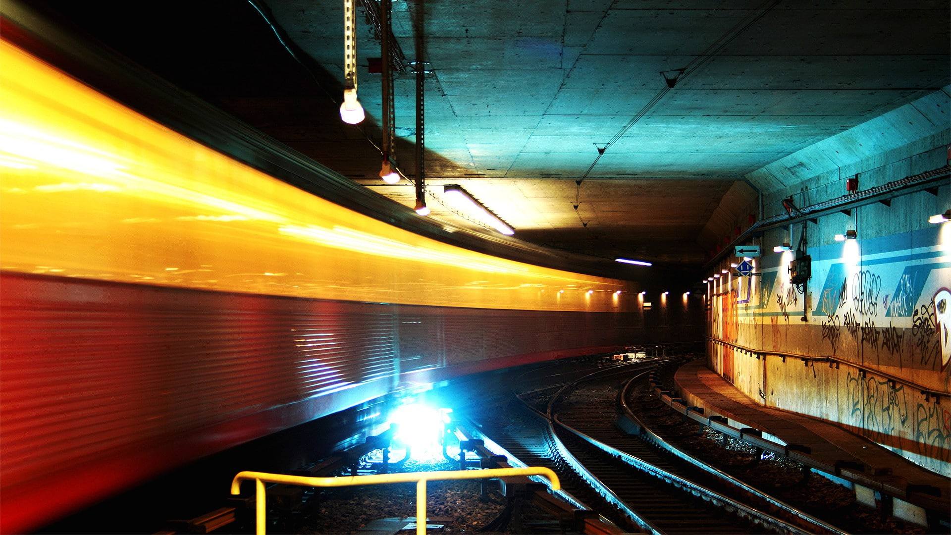 urban, lights, no people, rail transportation, railroad track, public transportation, train - vehicle, subway train, motion, cyan, yellow, blurred motion, HD Wallpaper