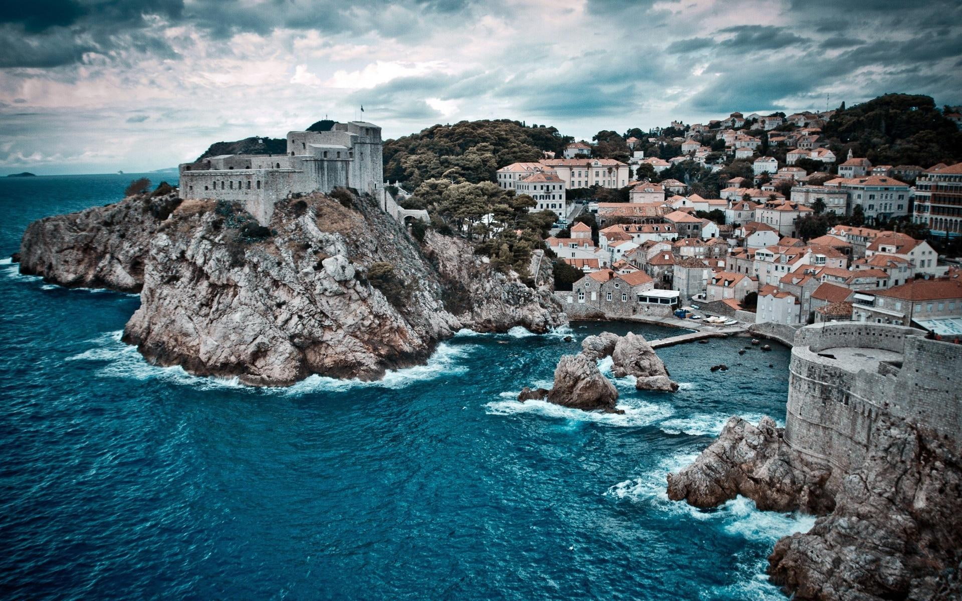 clouds, dubrovnik, nature, nature and, croatia, architecture, beautiful, water, 1080P, rocks, houses, HD Wallpaper