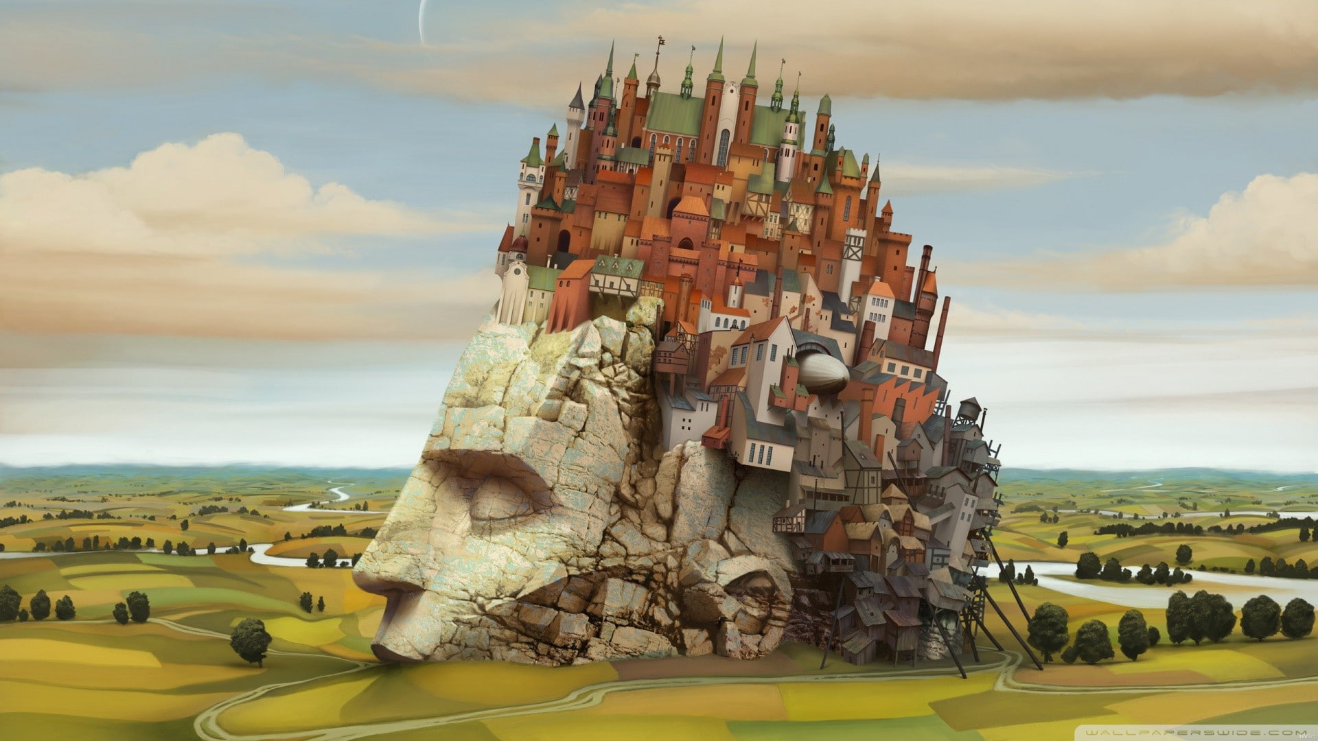 nature, cloud - sky, building exterior, transportation, day, built structure, water, outdoors, city, architecture, Jacek Yerka, 1080P, human representation, HD Wallpaper