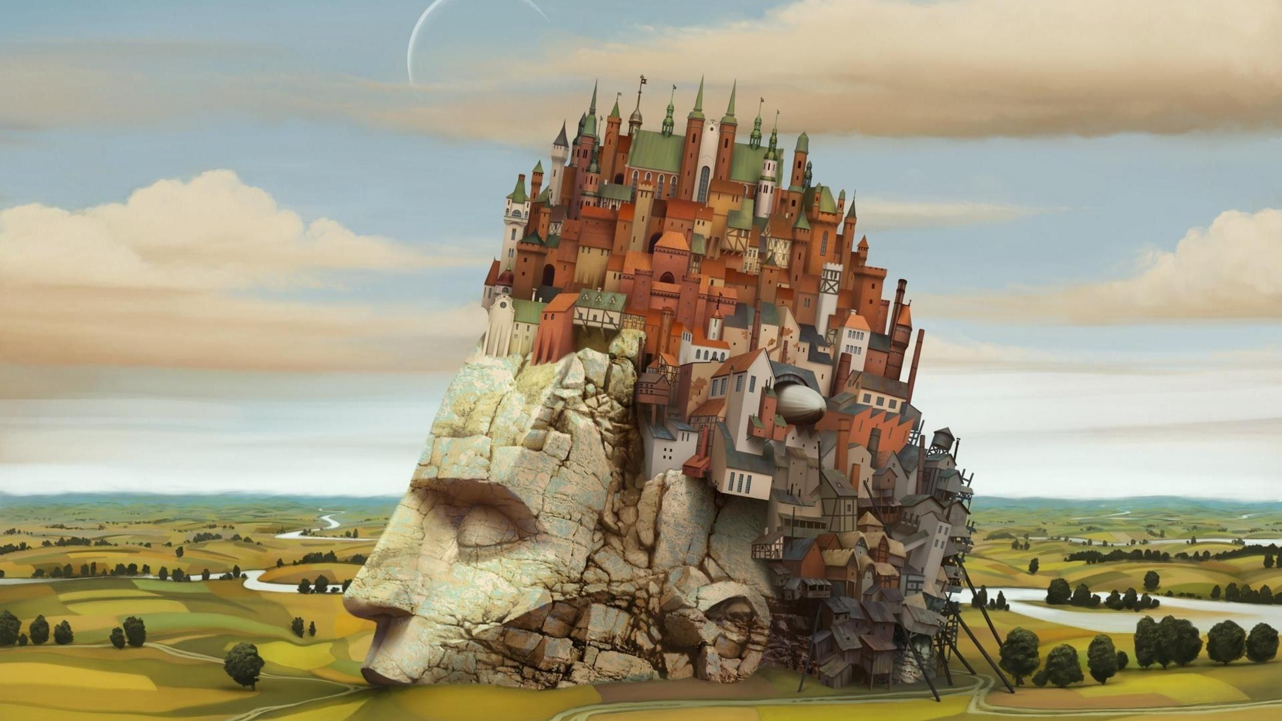 digital art, illustration, built structure, religion, cloud - sky, sky, Jacek Yerka, 2K, village, nature, art and craft, architecture, travel destinations, HD Wallpaper