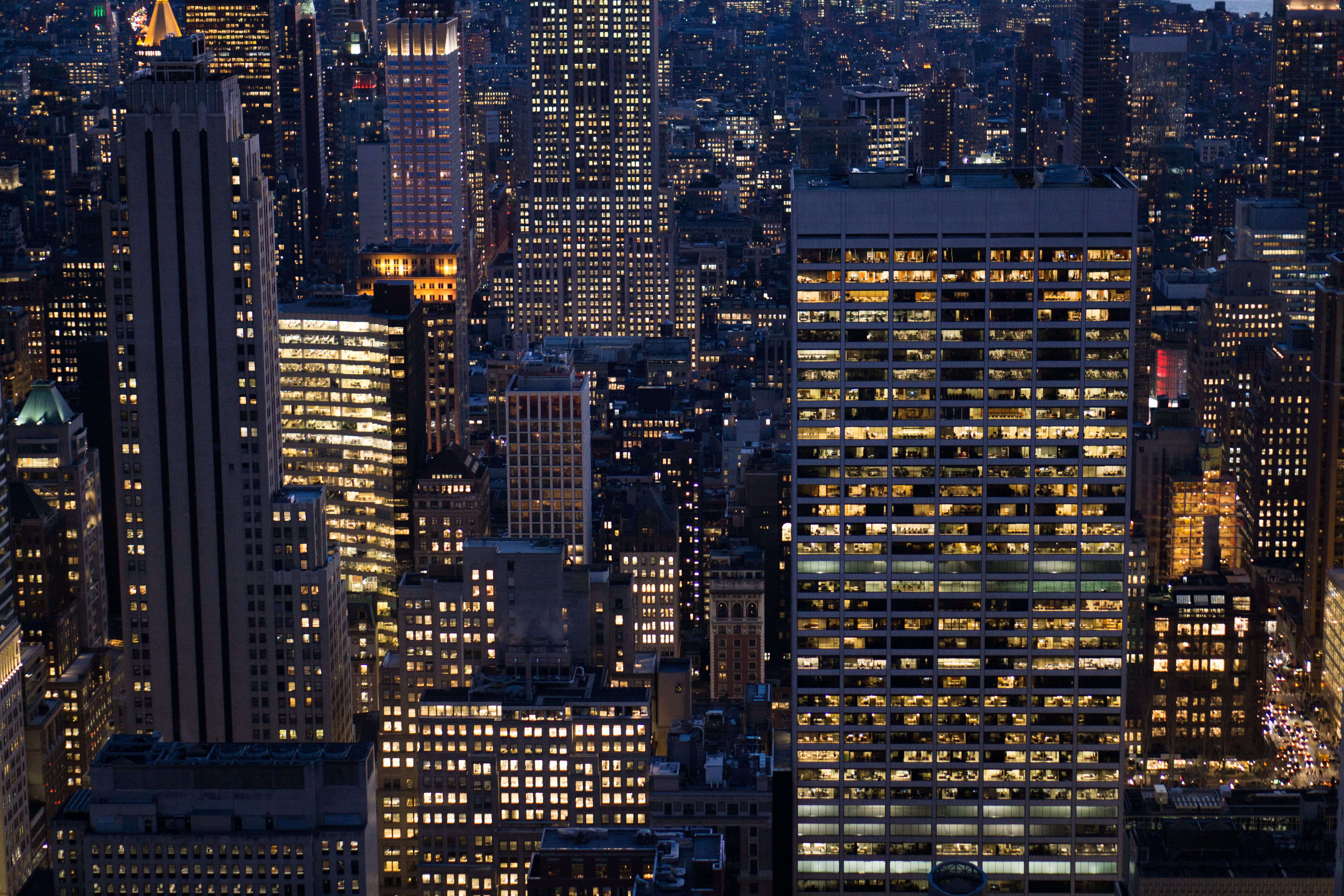rise, nyc, window, lighted, travel destinations, tower, night, light, new york, illuminated, 5K, city, outdoors, photography, night lights, city scape, HD Wallpaper