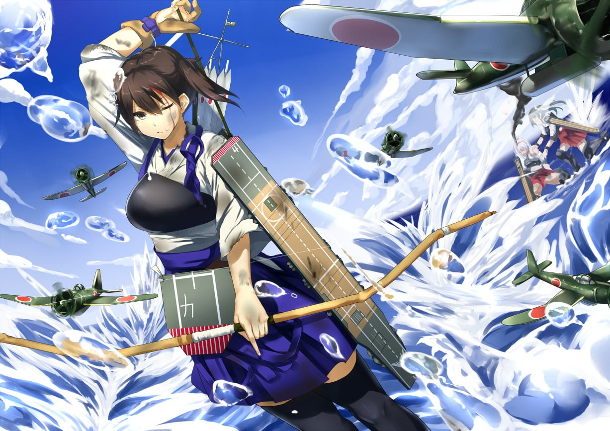 Kantai Collection, holding, metal, sport, shoe, clothing, 480P, blue, representation, toy, art and craft, people, nature, water, bow, haired, HD Wallpaper