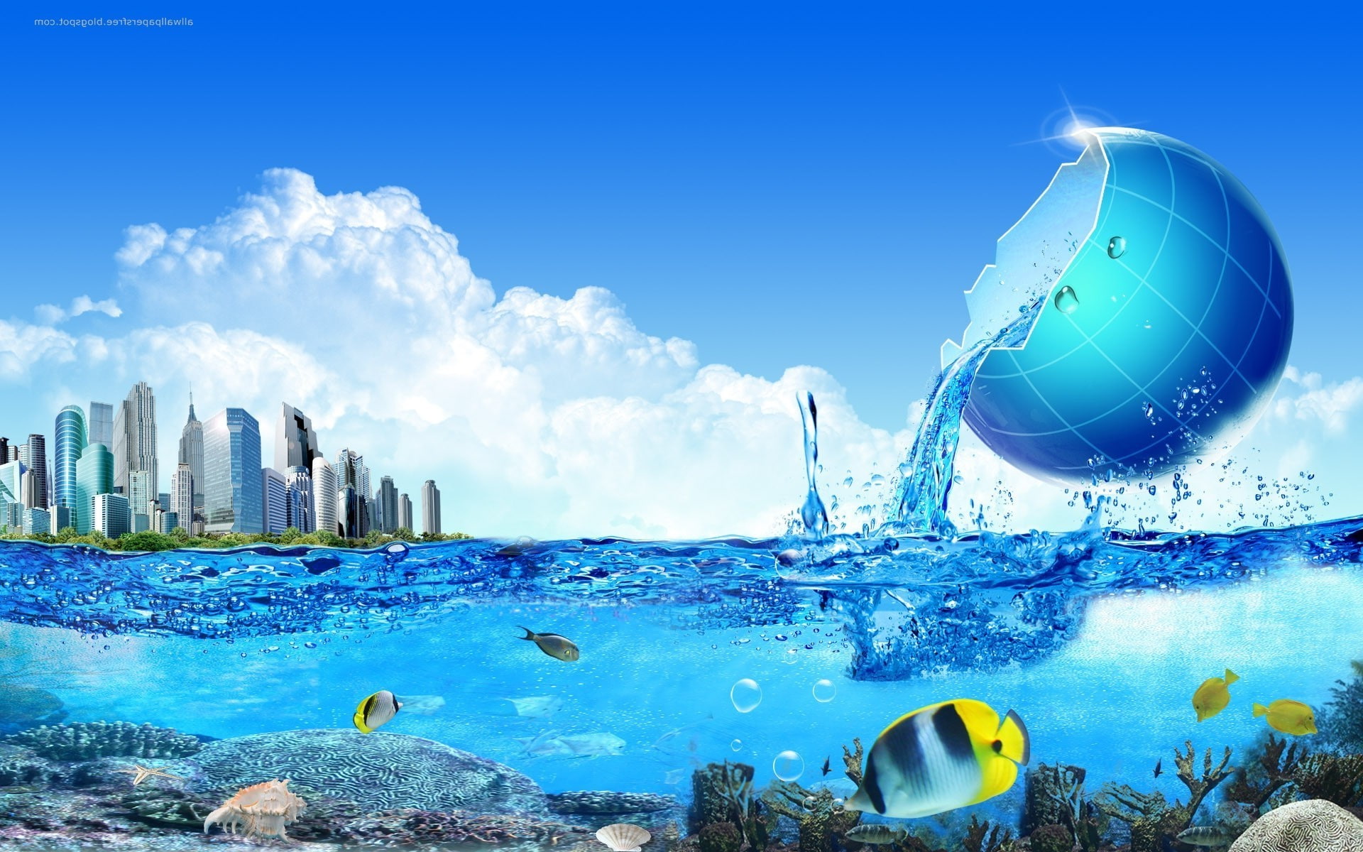 globes, water, clouds, underwater, 1080P, Skyscraper, artwork, split view, fish, digital art, fantasy Art, bubbles, Cityscape, HD Wallpaper