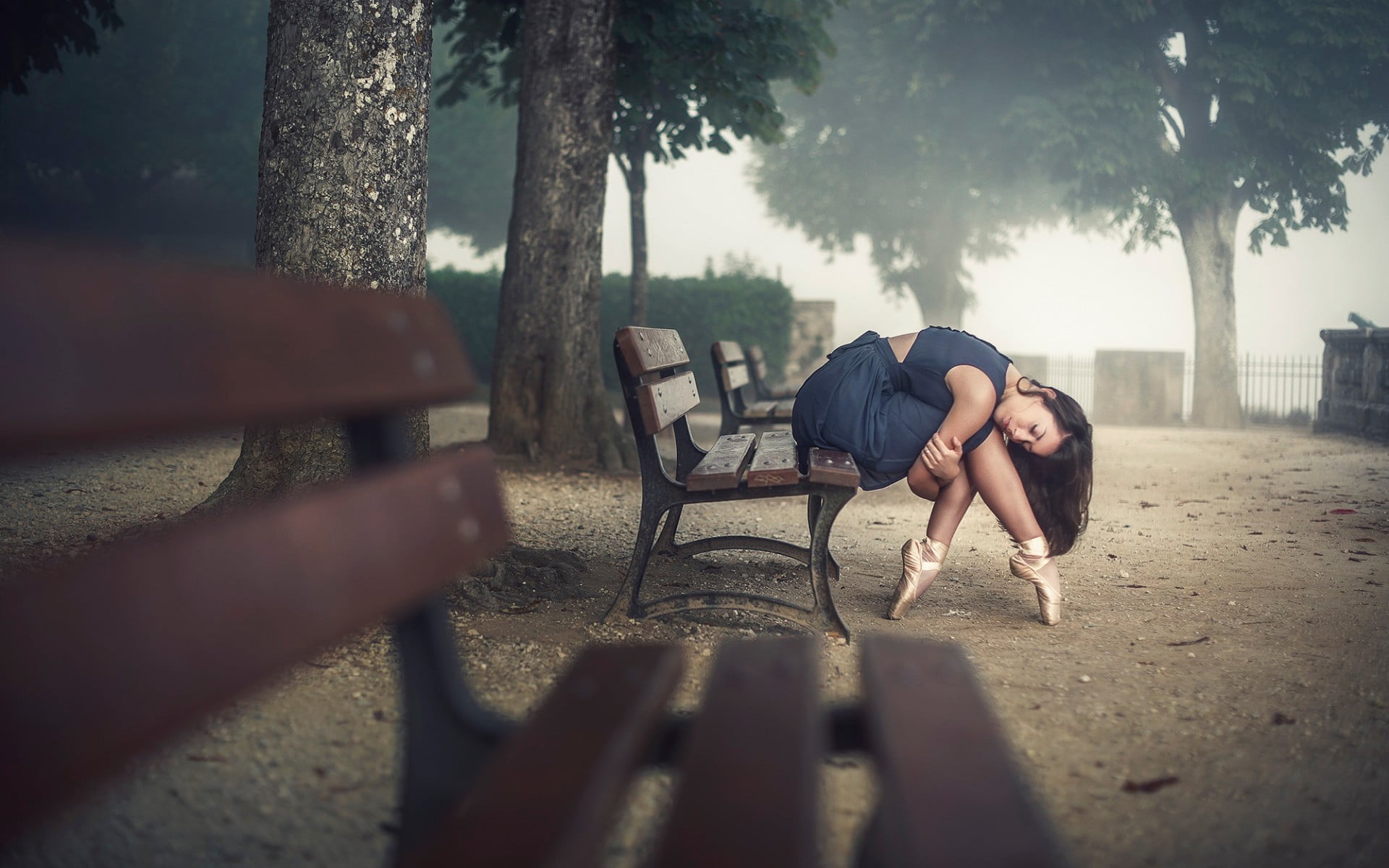 trees, day, ballet, positive emotion, couple - relationship, two people, model, outdoors, selective focus, bench, full length, ballet slippers, young women, HD Wallpaper
