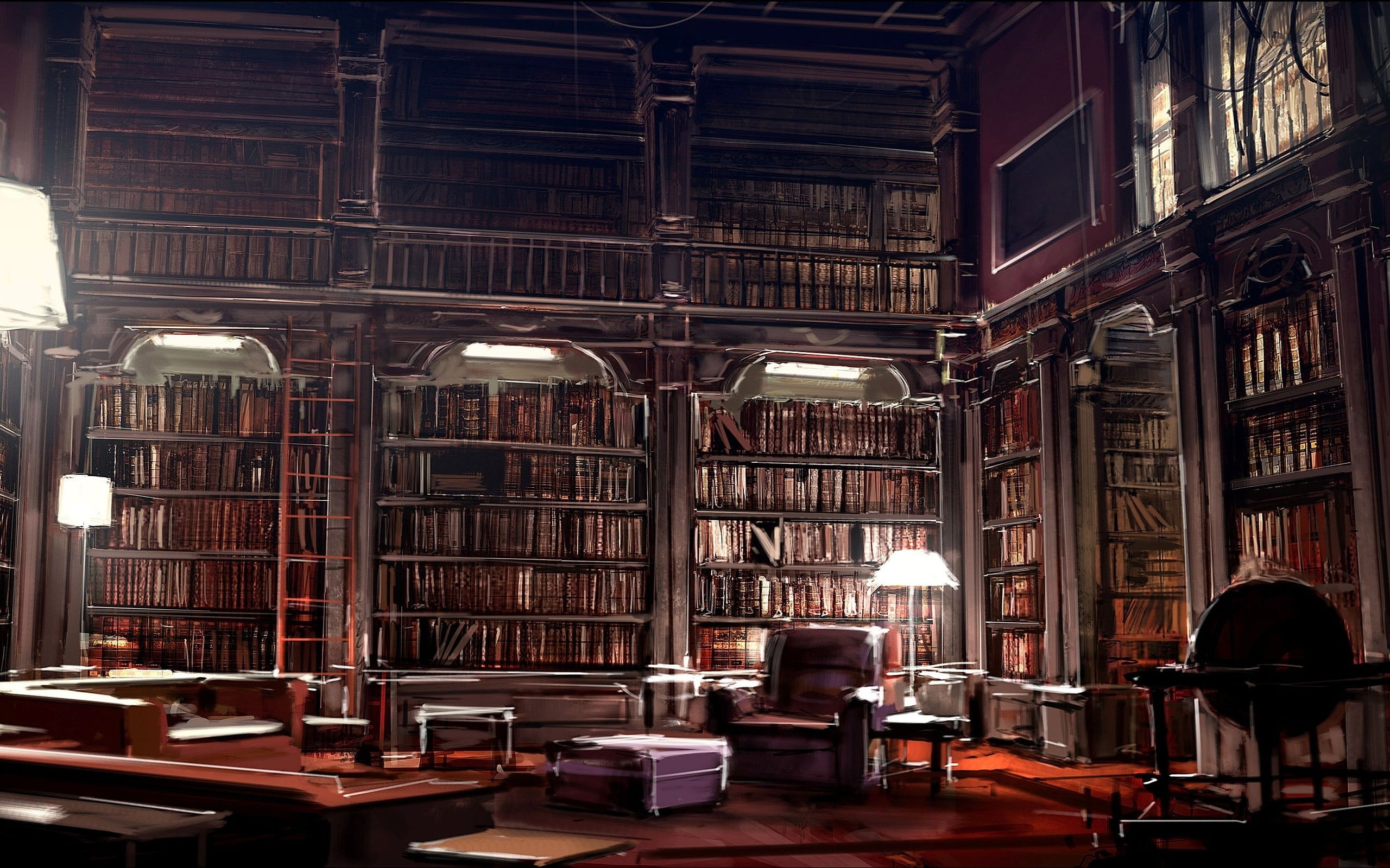 architecture, window, bar - drink establishment, book, artwork, built structure, 2K, books, furniture, education, literature, digital art, building, table, HD Wallpaper