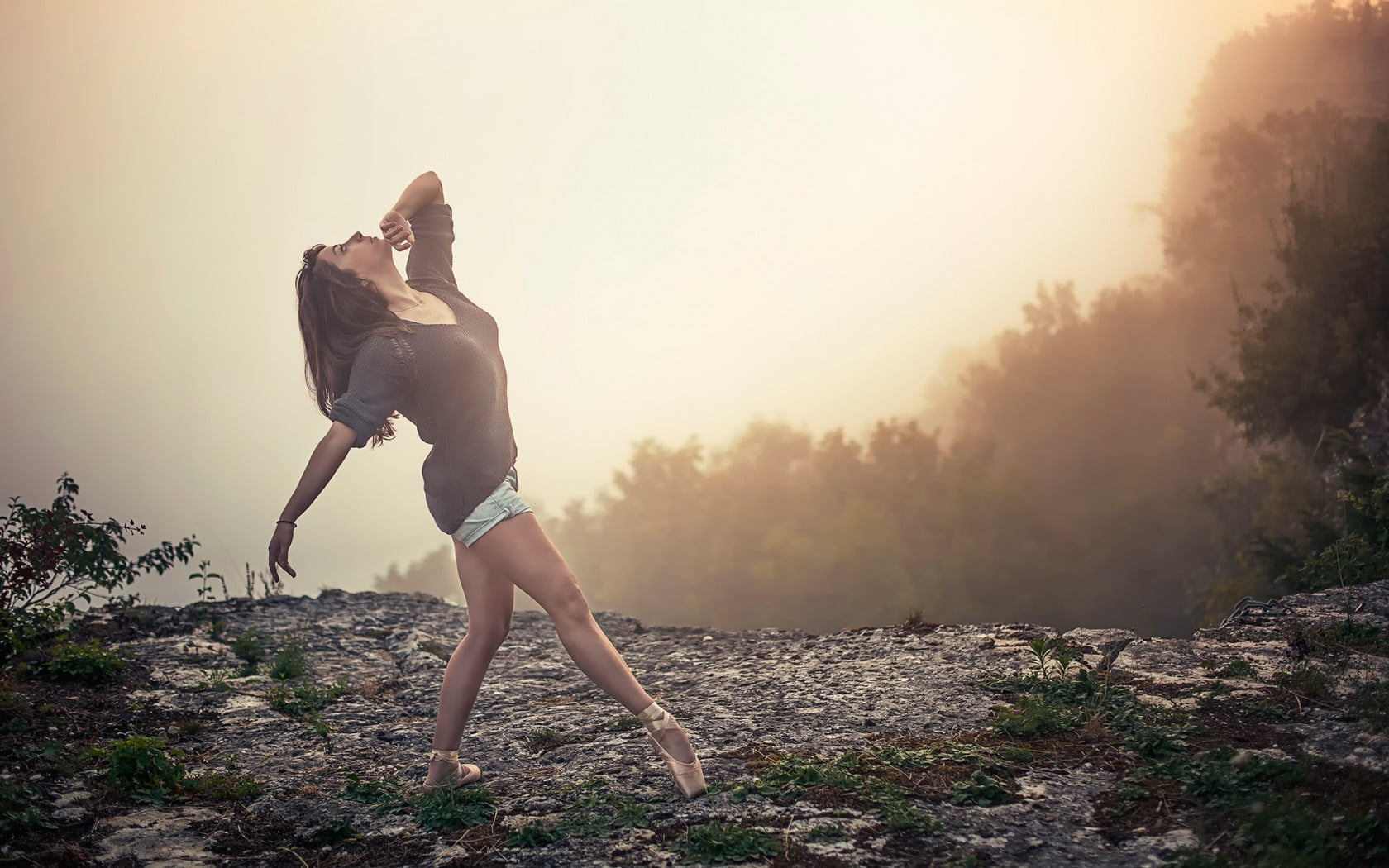 720P, ballet slippers, land, solid, looking up, standing, women, young adult, one person, young women, rock, beautiful woman, mist, adult, nature, cliff, HD Wallpaper
