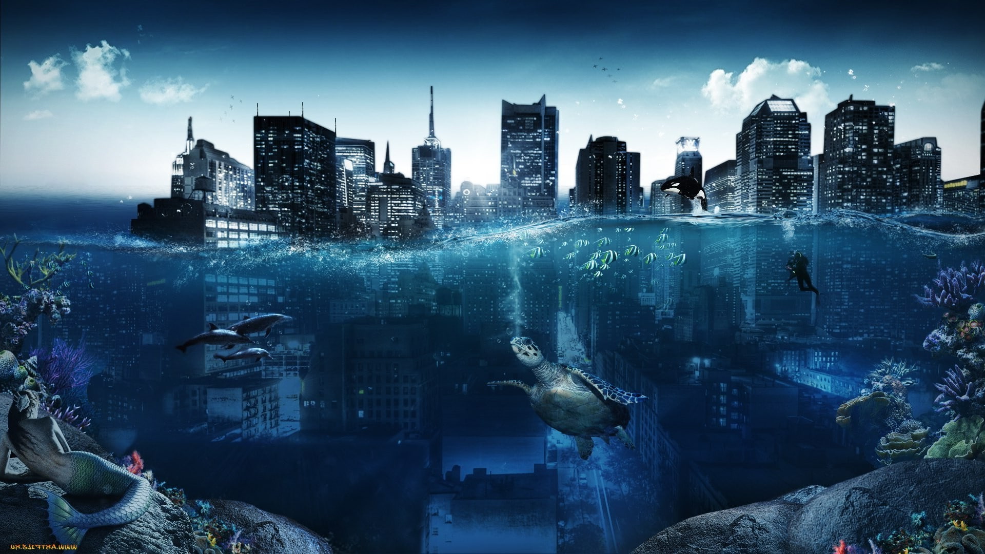 sky, city life, urban skyline, 1080P, residential district, skyscraper, digital composite, cityscape, illuminated, luxury, building, nature, architecture, HD Wallpaper