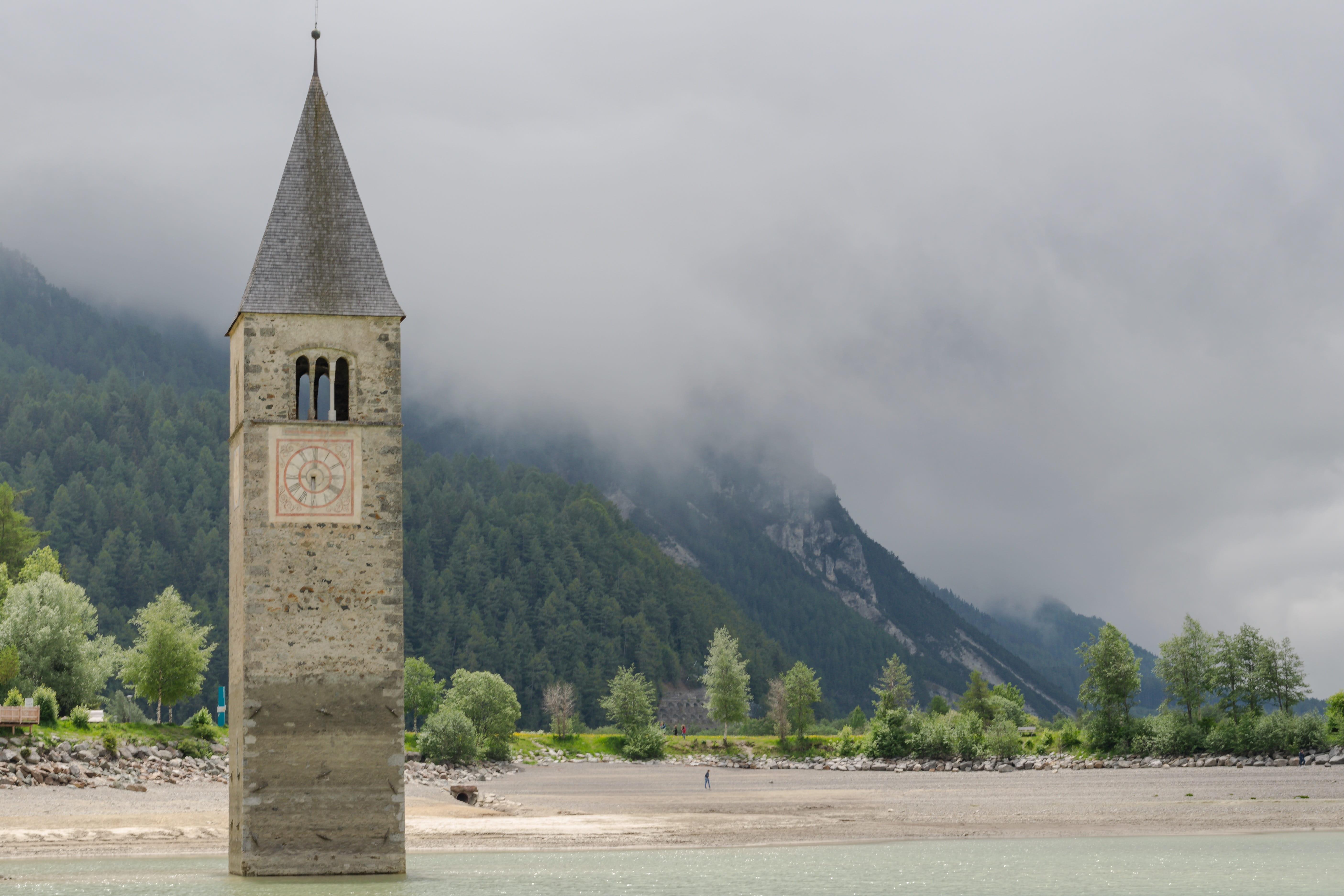 mood, architecture, outdoors, day, place of worship, cloud - sky, plant, 5K, tower, vacations, sky, spirituality, spire, landscape, fog, south tyrol, tranquility, HD Wallpaper