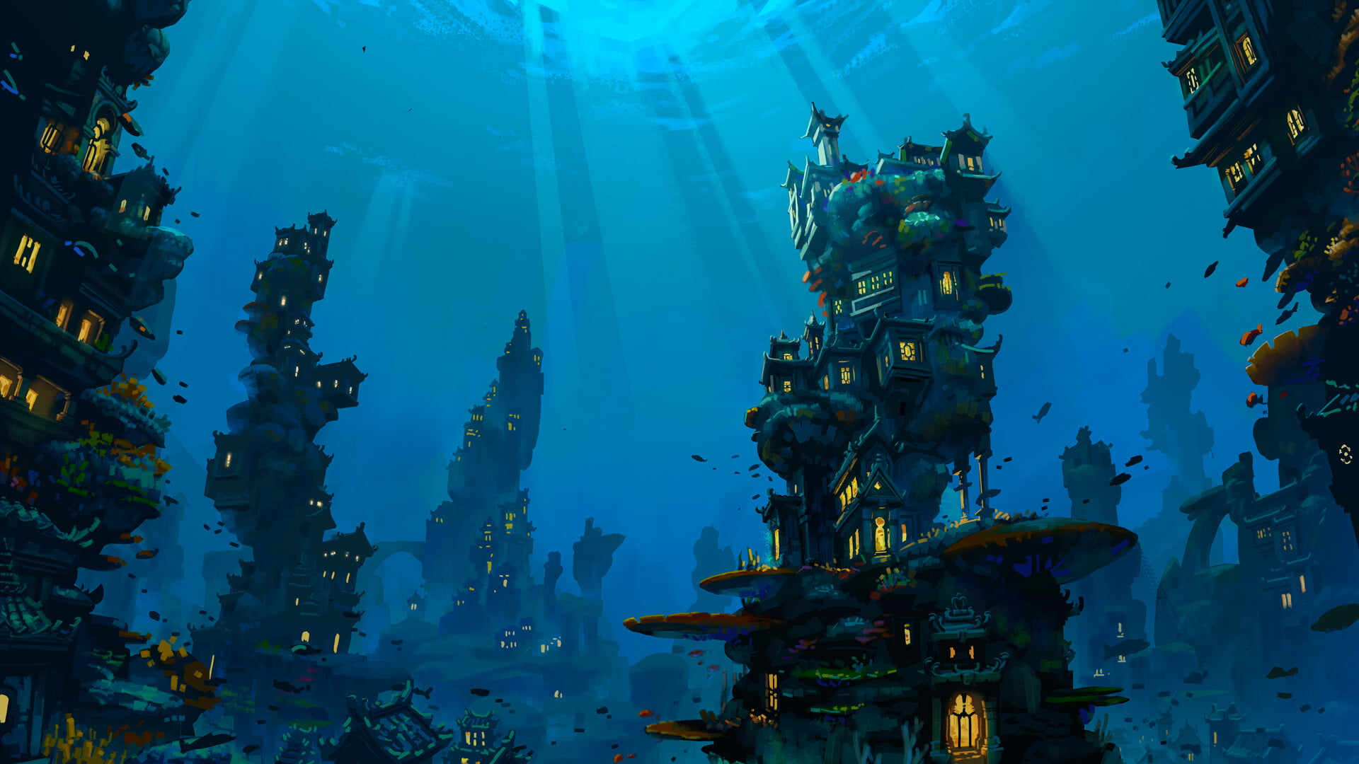 illustration, digital art, 1080P, Emmanuel Romano, ArtStation, underwater, sunken cities, architecture, city, HD Wallpaper