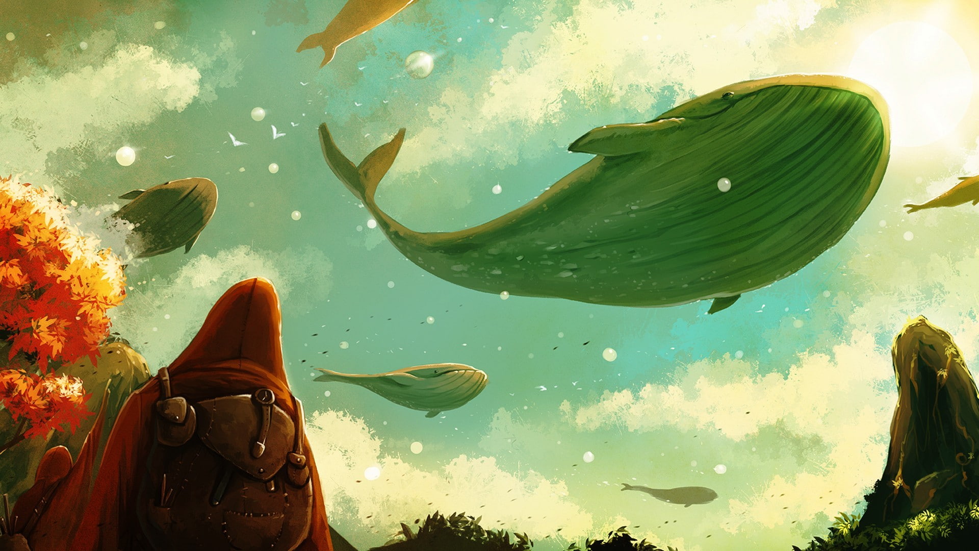 birds, watercolor, whale, clouds, fantasy art, sky, 1080P, HD Wallpaper
