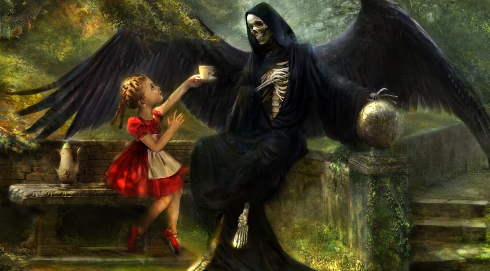 full length, people, standing, artwork fantasy art death tea children ballet slippers, architecture, human representation, statue, 720P, building, art and craft, HD Wallpaper