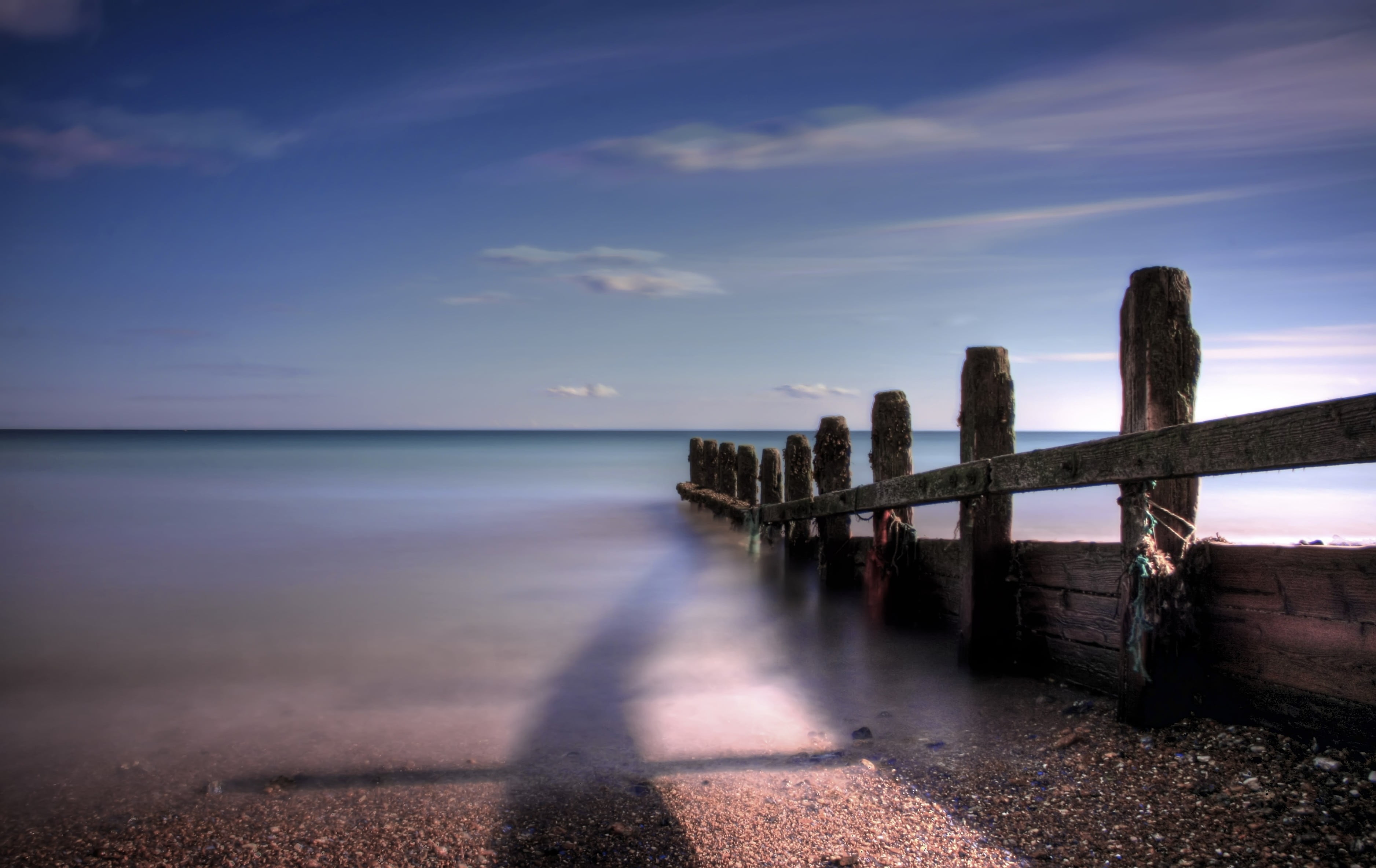 wood - Material, longexposure, Groin, nature, bronze, sea, breakwater, beach, sky, diamond, Long Exposure, silver, daytime, gray, canon, blue  sea, gear, HD Wallpaper