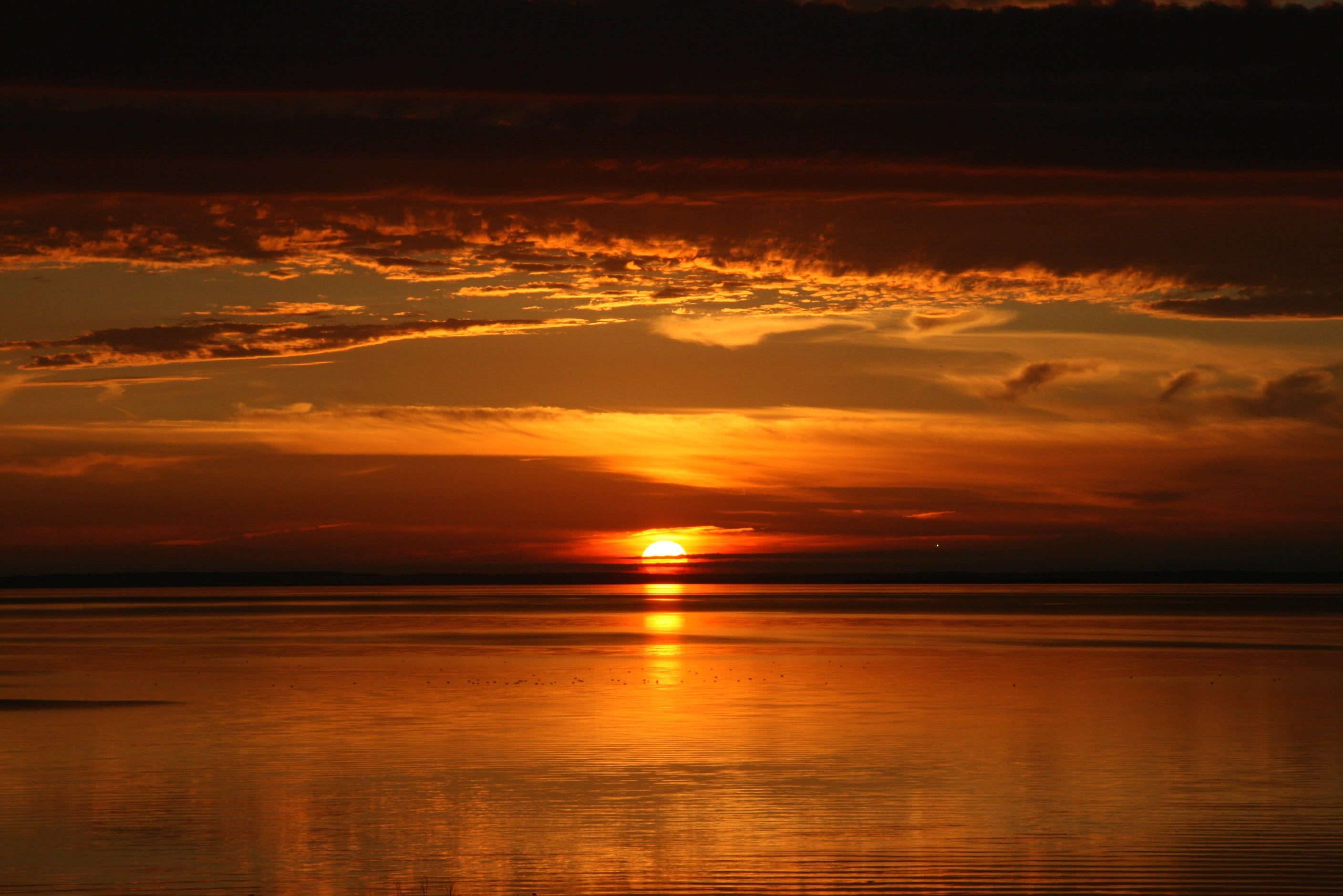 tranquility, sun, nature, sunset, outdoors, cloud - sky, horizon, beauty in nature, scenics - nature, horizon over water, sea, sky, reflection, 2K, orange color, HD Wallpaper