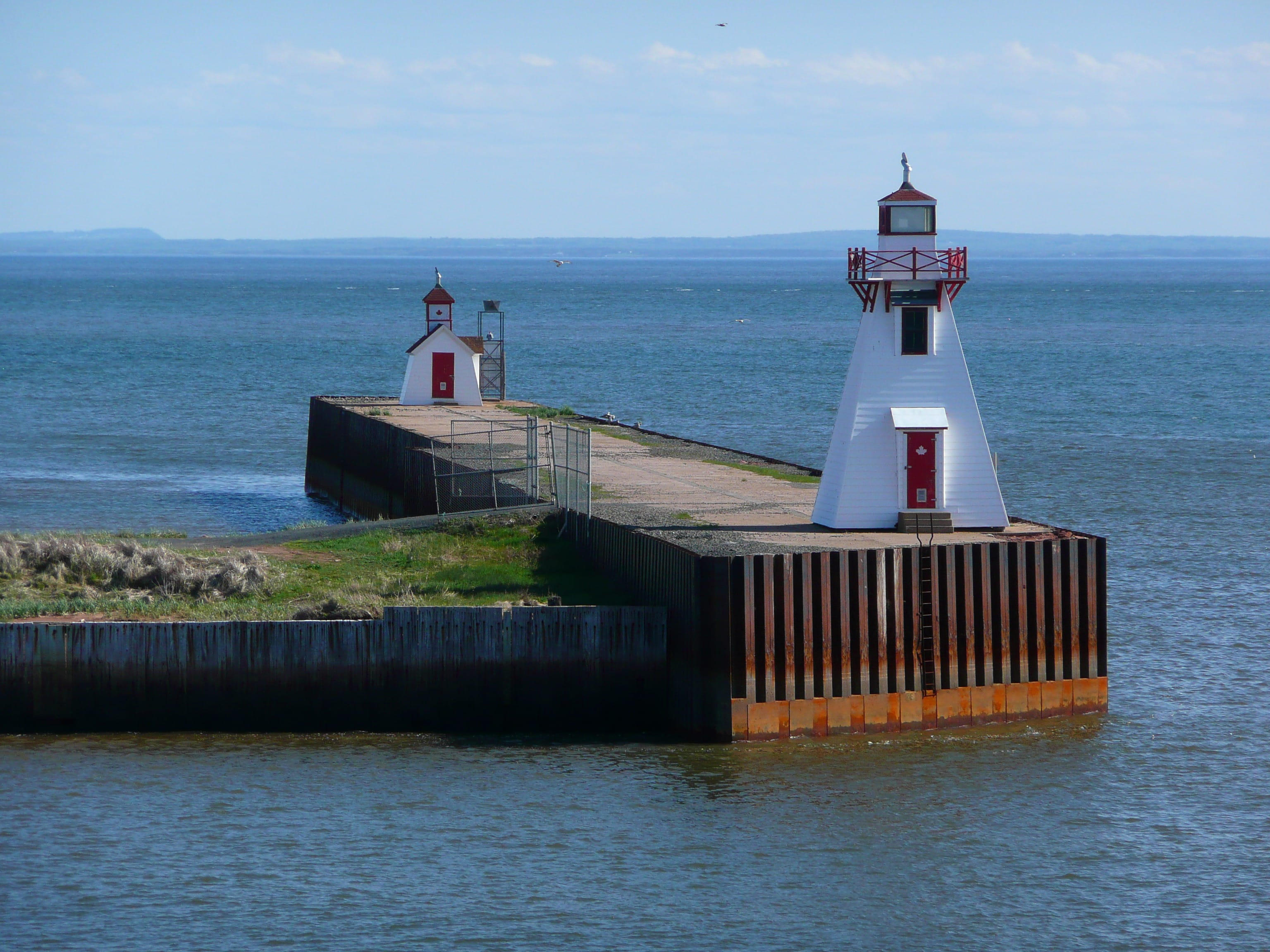 landmark, canada, horizon over water, architecture, pier, prince edward island, security, coastline, nautical, protection, 2K, shore, nature, water, built structure, HD Wallpaper