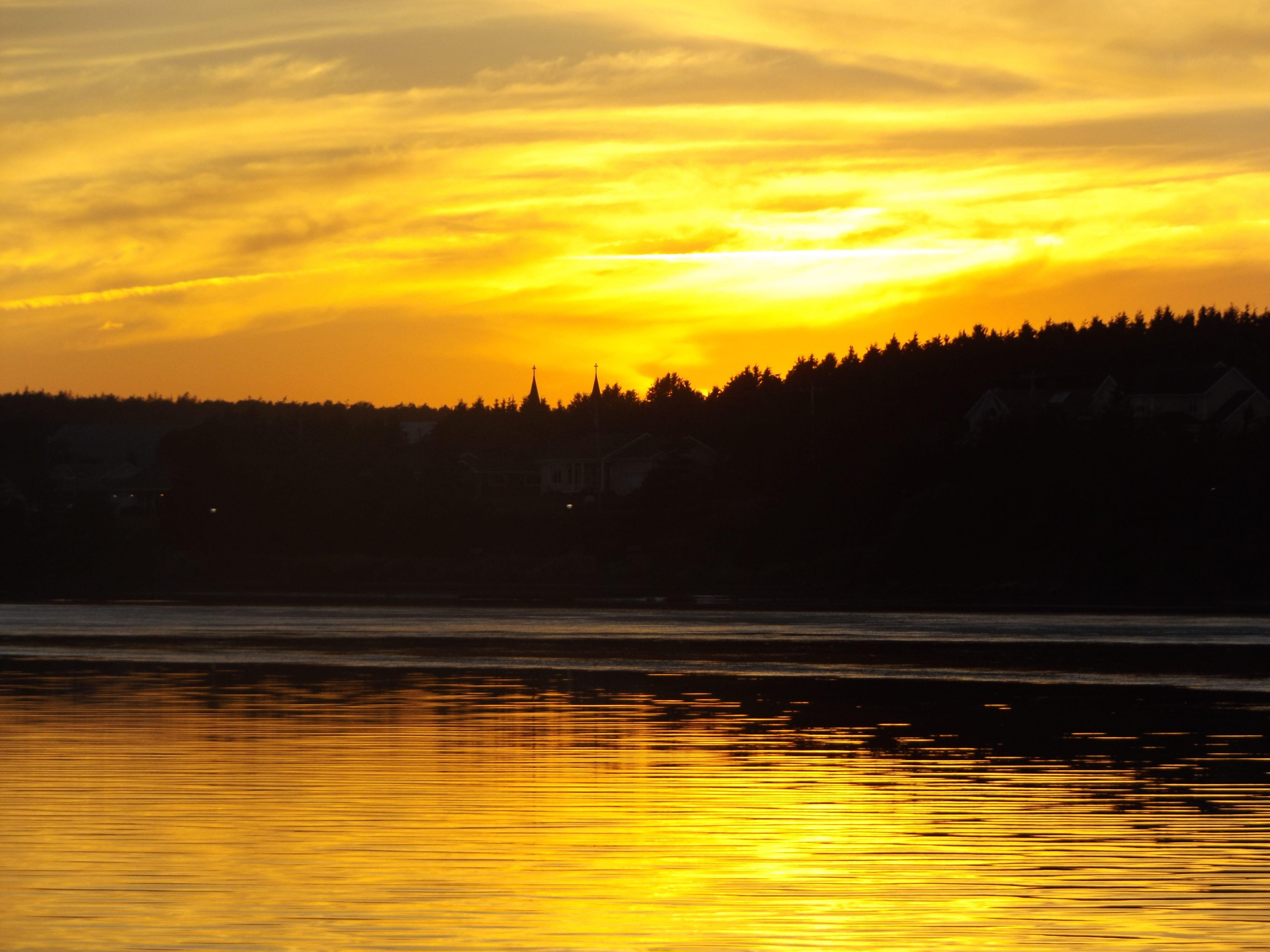 sky, 4K, scenics - nature, lake, tranquility, landscape, orange color, orange, shore, evening, canada, no people, shoreline, pei, non-urban scene, tree, HD Wallpaper