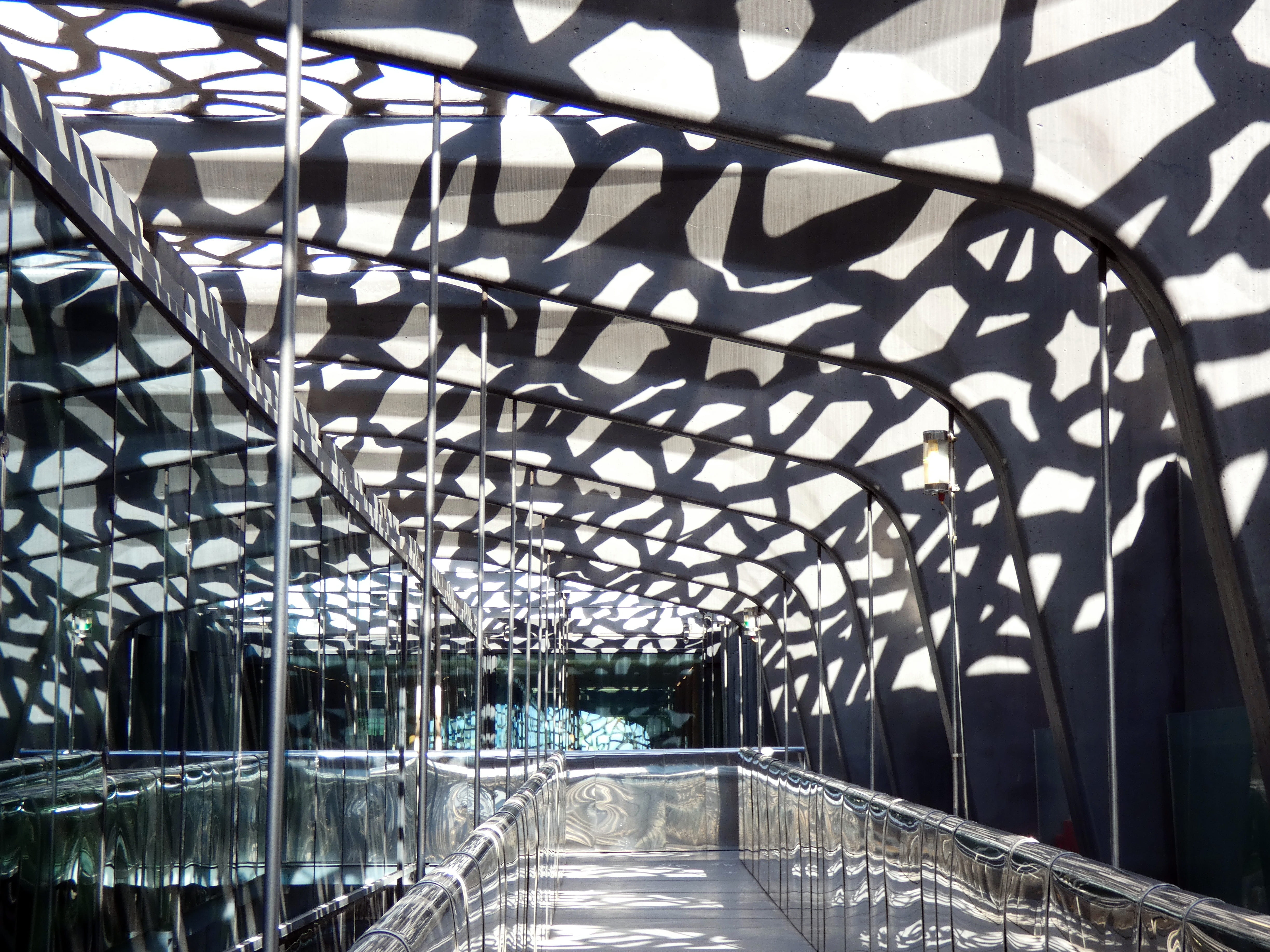 transportation, mucem, water, day, sunlight, built structure, 4K, metal, glazing, decoration, connection, nature, marseille, shadow, pattern, bridge, reflections, HD Wallpaper