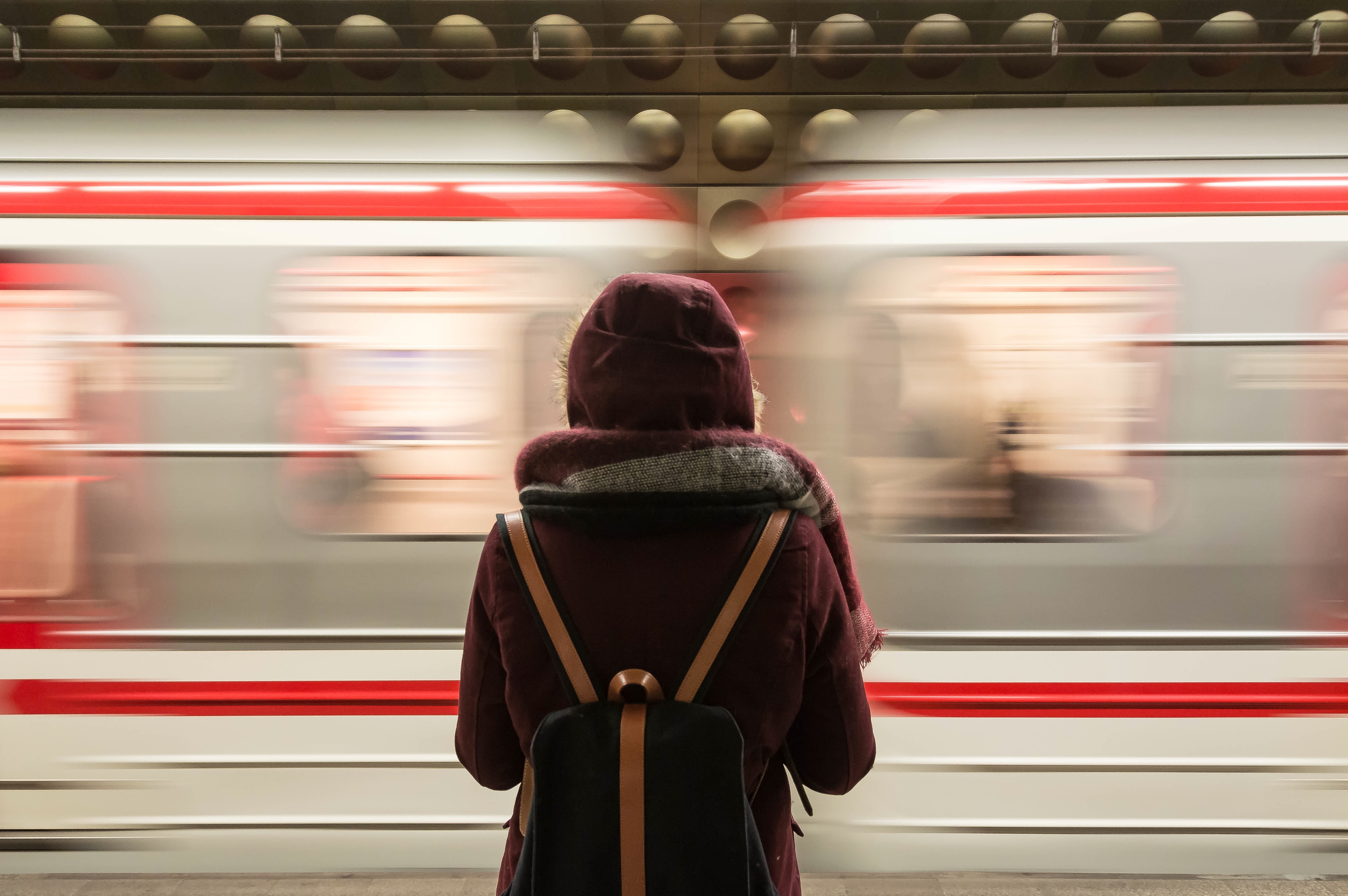 indoors, blur, 5K, moment, speed, metro, transportation, person, real people, city, architecture, motion, standing, railway, women, downtown, one person, HD Wallpaper