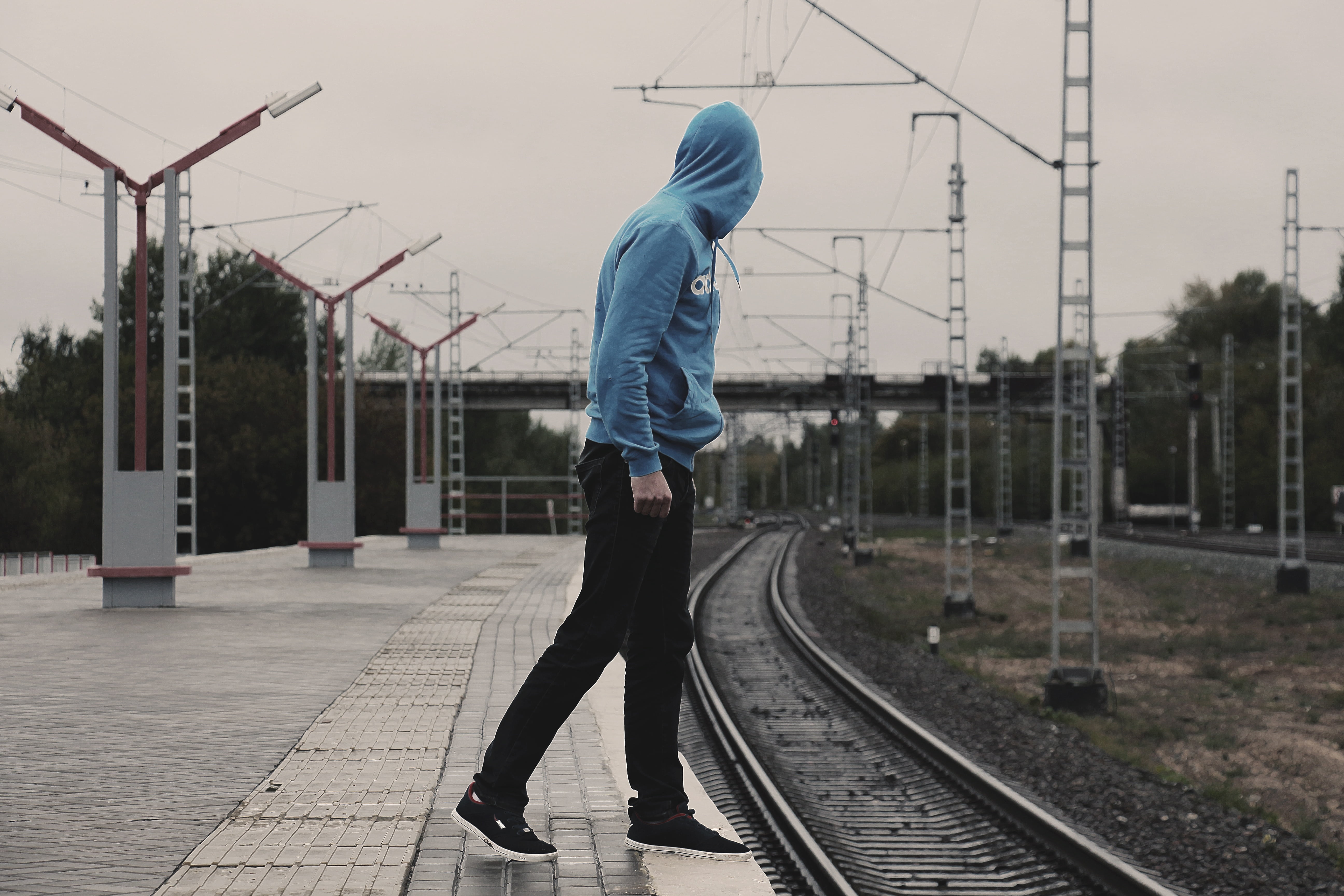track, warm clothing, cold temperature, train, nature, architecture, built structure, electricity, blue, photography, sky, hoodie, adults only, hope, railroad station platform, HD Wallpaper