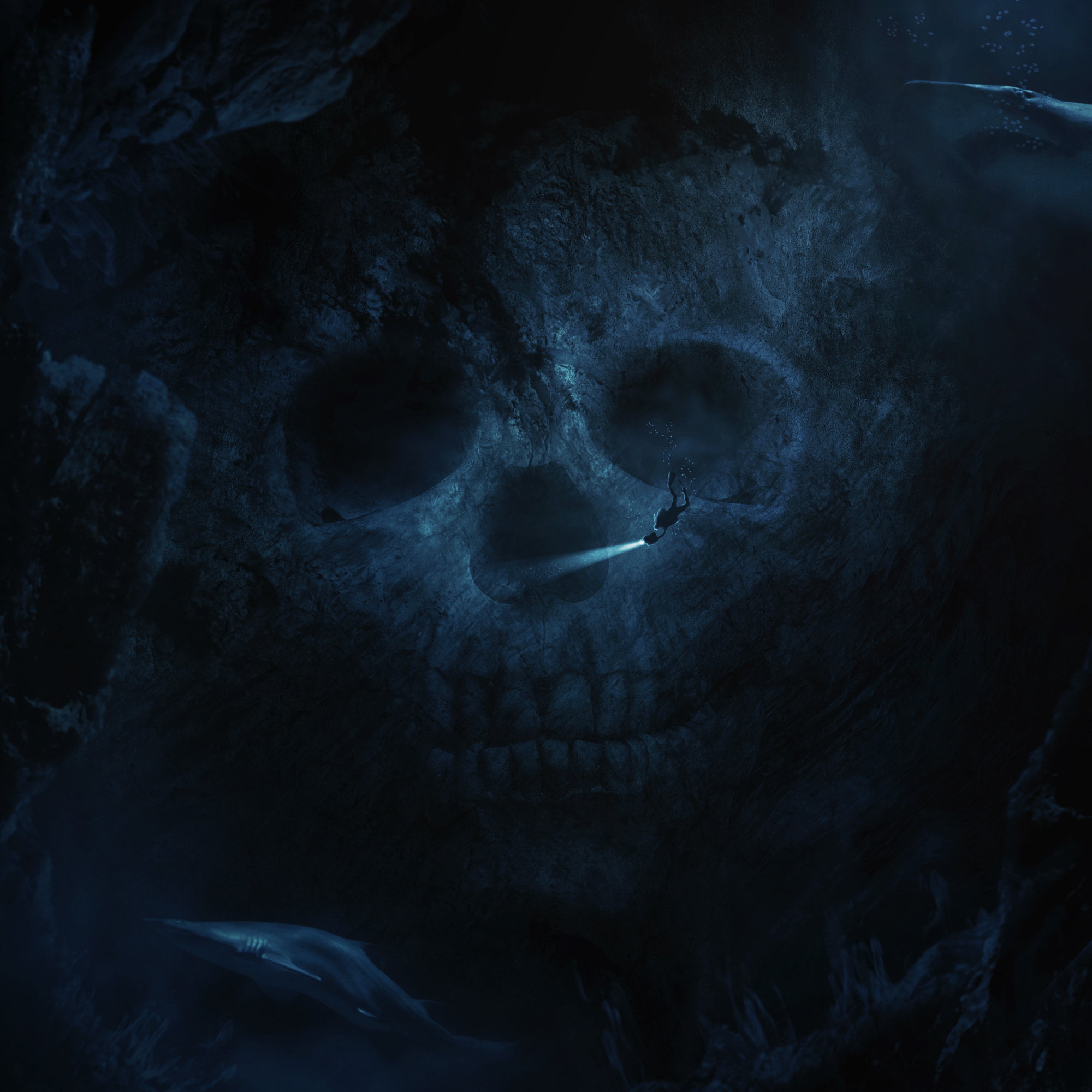 spooky, indoors, astronomy, untitled, black background, nature, artwork, skull, 1080P, divers, sky, human face, fear, mystery, body part, horror, space, Phone HD Wallpaper