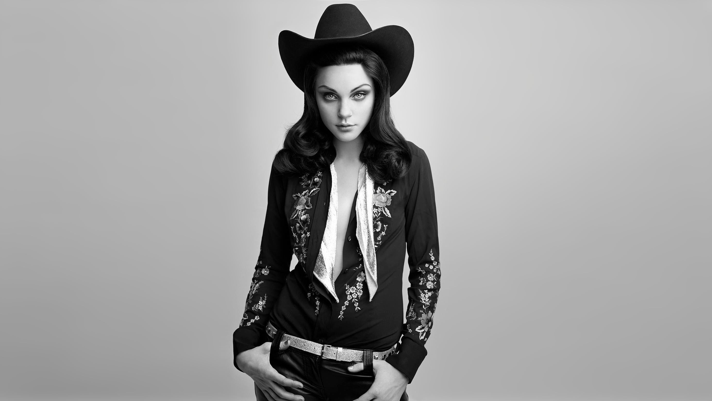 beautiful woman, women, Jessica Stam, monochrome, clothing, 2K, young adult, standing, portrait, cowboy, fashion, studio shot, one person, simple background, HD Wallpaper