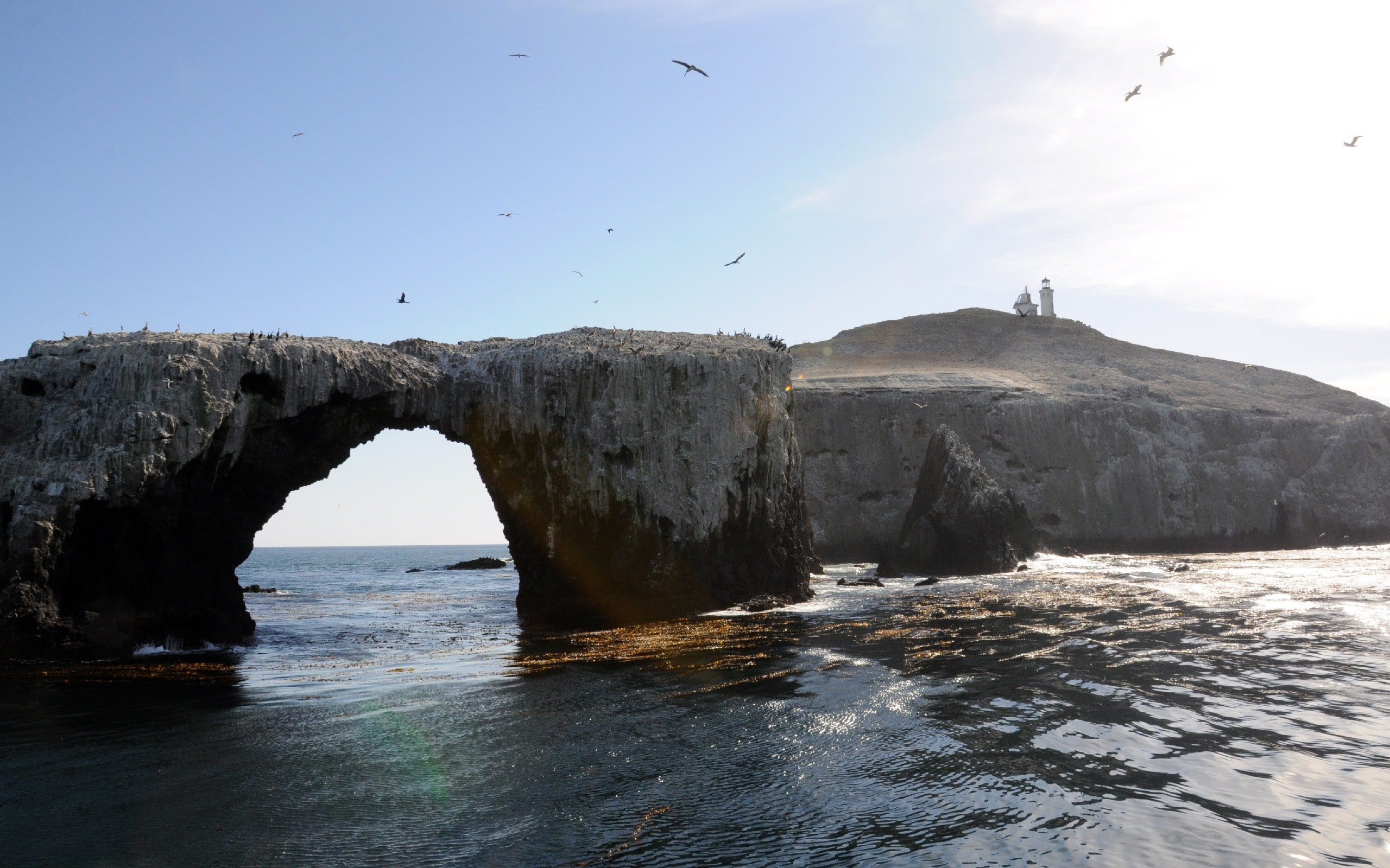 Sun, cliff, photography, 2K, nature, lighthouse, sea, rock, HD Wallpaper