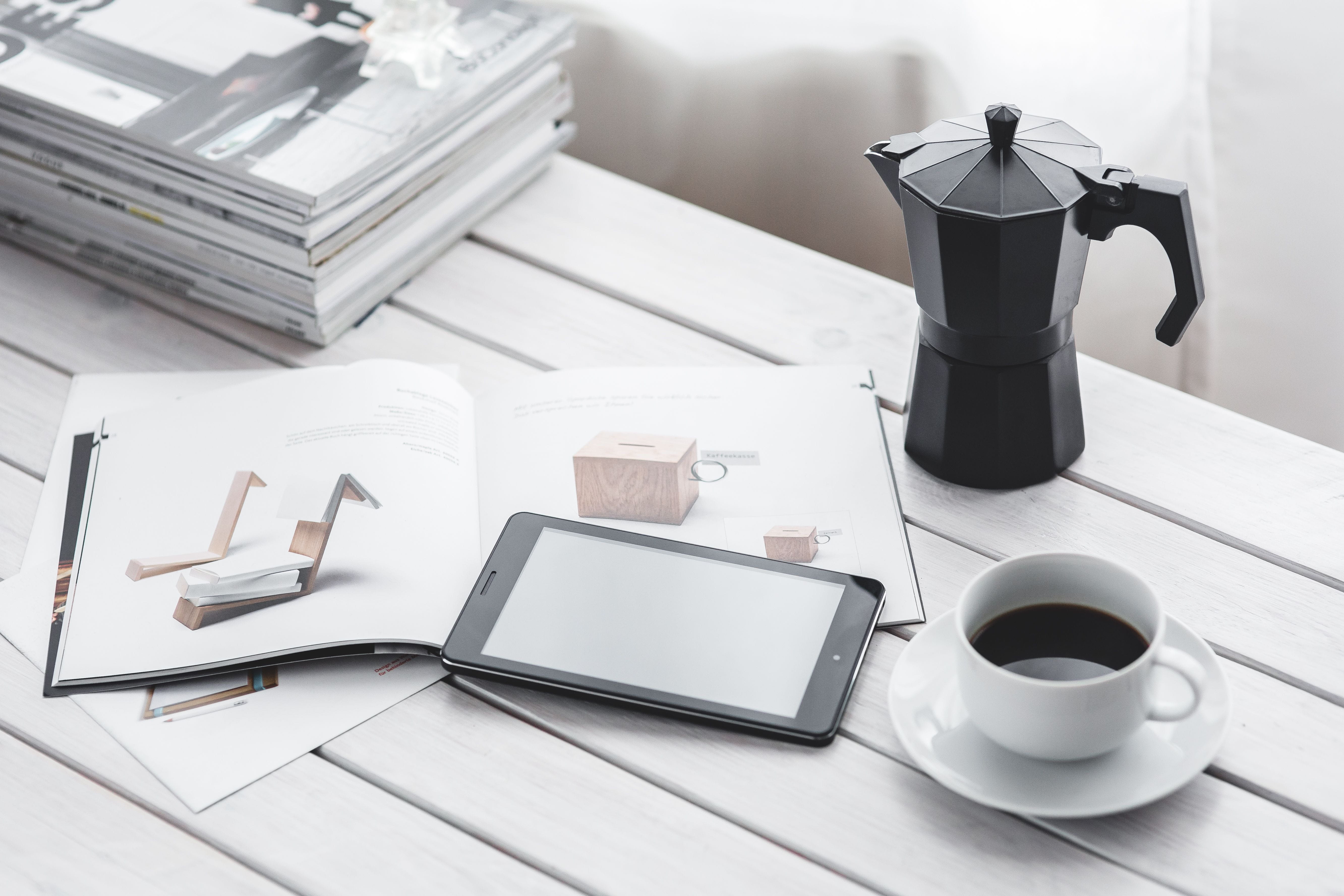 office, no people, tablet, communication, refreshment, cup, desk, Coffee, high angle view, indoors, wireless technology, pot, document, technology, equipment, HD Wallpaper
