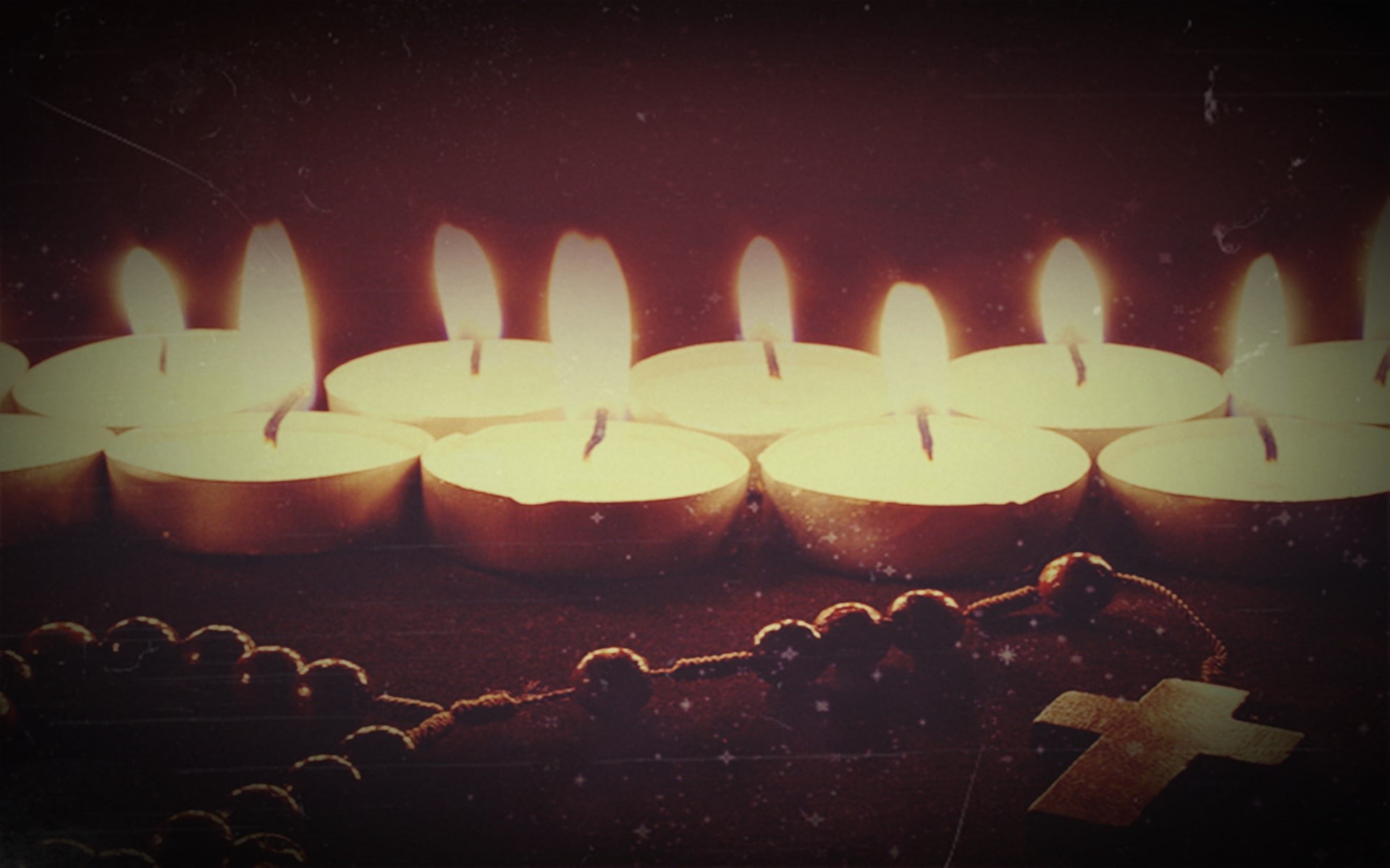 fire, holy rosary, 1080P, lights, candles, prayer, cross, HD Wallpaper