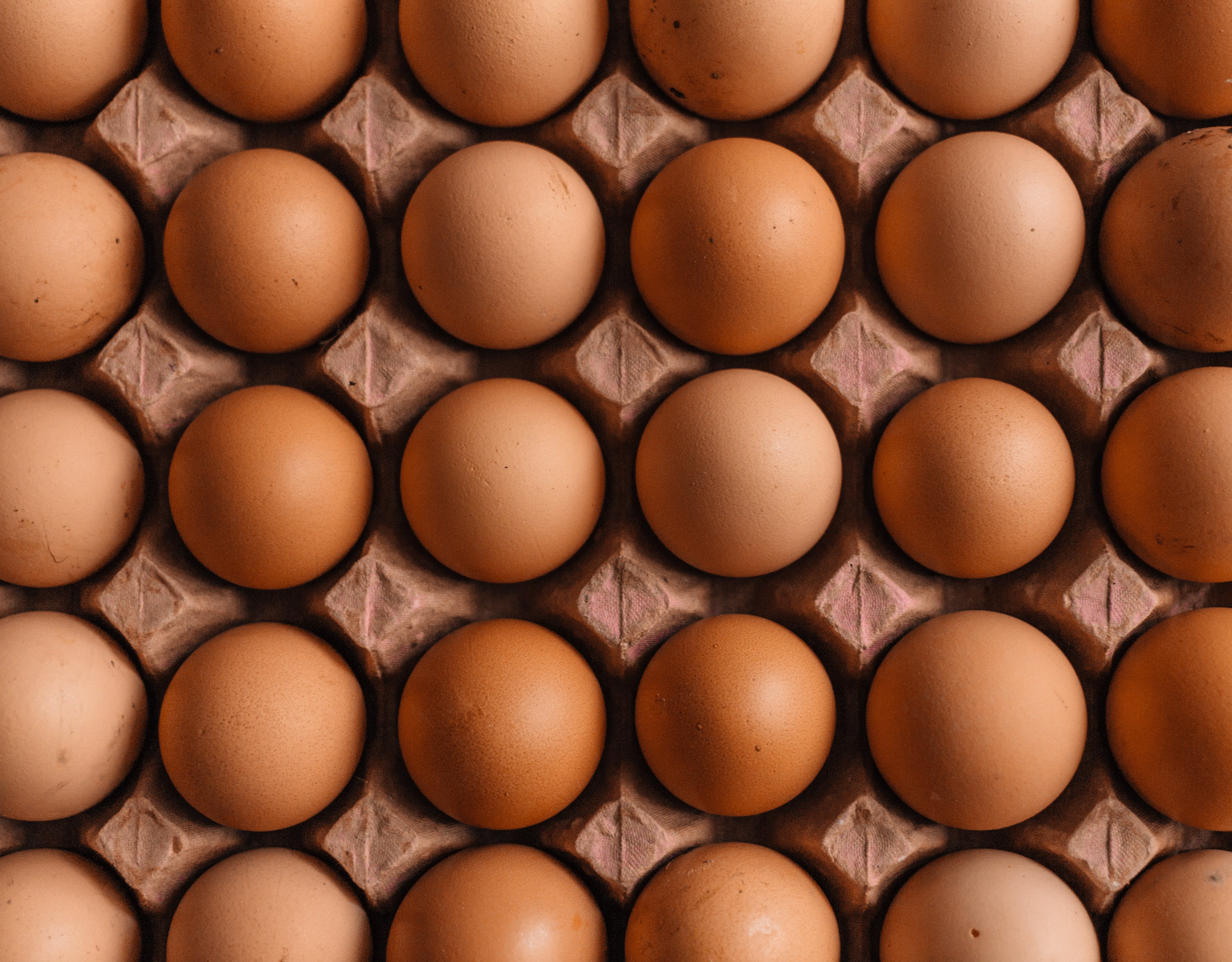 egg carton, brown, large group of objects, in a row, egg, food, food and drink, raw food, freshness, cassette, tray, carton, 2K, backgrounds, indoors, HD Wallpaper