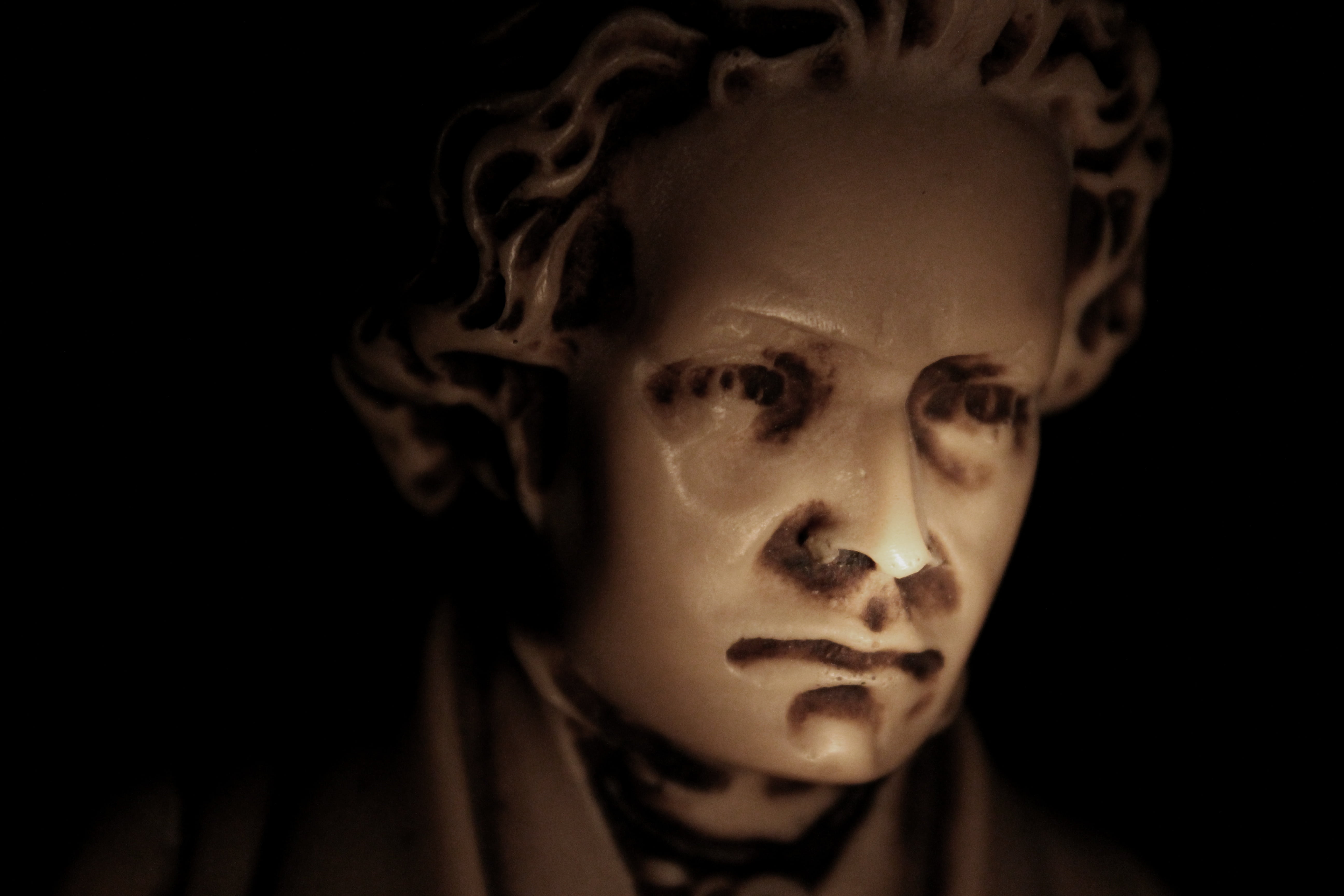 spooky, ceramic, looking, headshot, bust, young adult, close-up, body part, photography, male, emotion, head, indoors, classic, black background, representation, HD Wallpaper