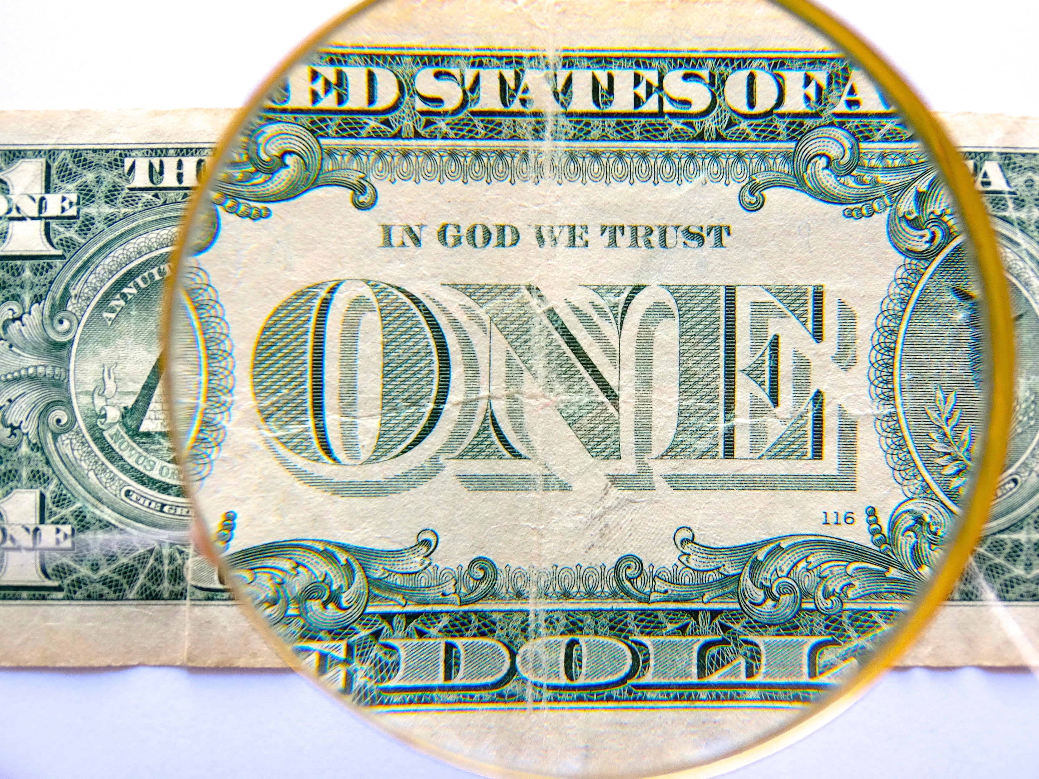 still life, communication, art and craft, directly above, white background, uSA, banking, indoors, one, coin, magnifying glass, dollar, in god we trust, HD Wallpaper