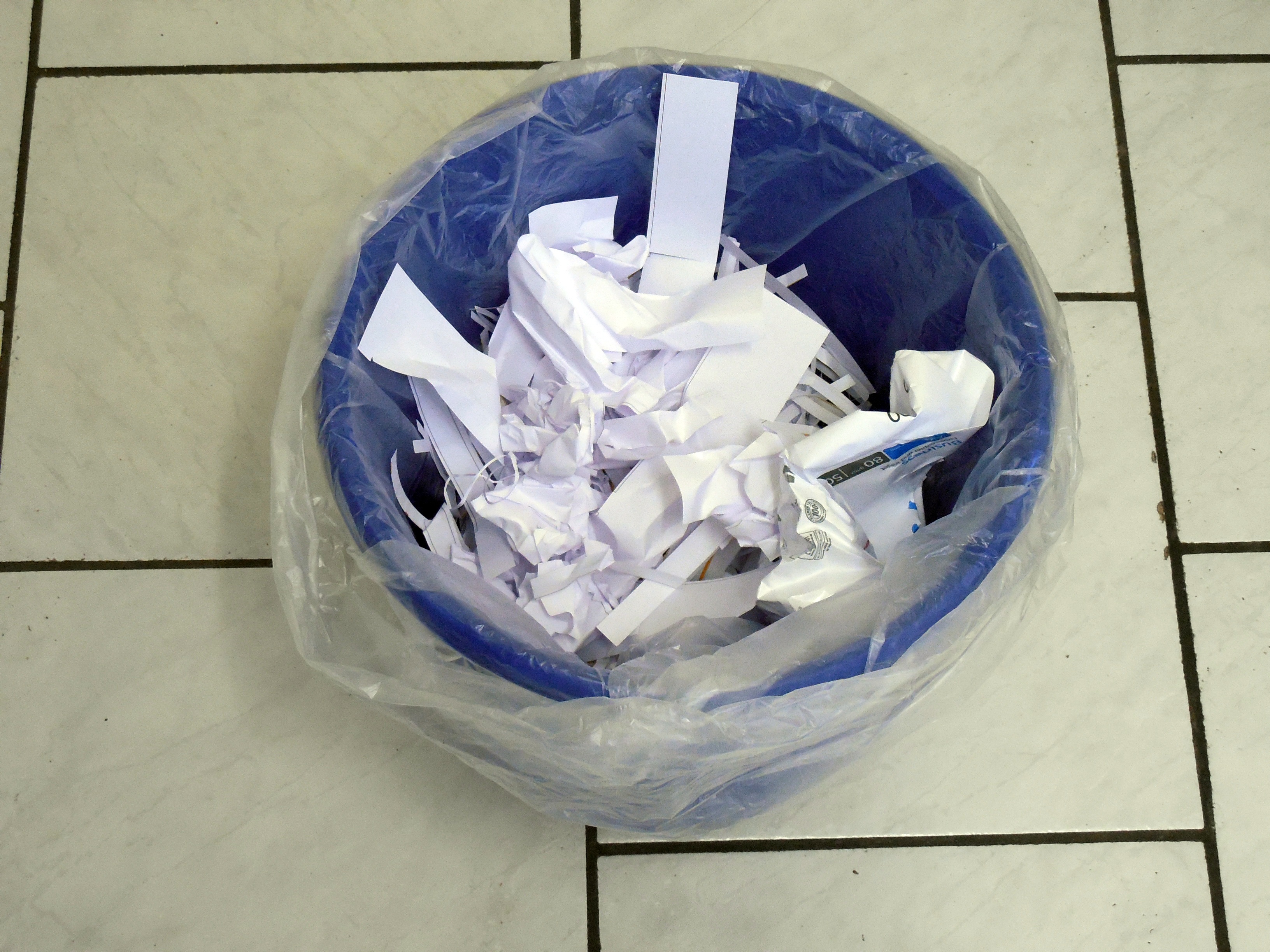 large group of objects, throw away, tile, no people, flooring, crumpled, tiled floor, bin, lot, trash, 2K, high angle view, garbage bin, recycle bin, wastepaper basket, HD Wallpaper