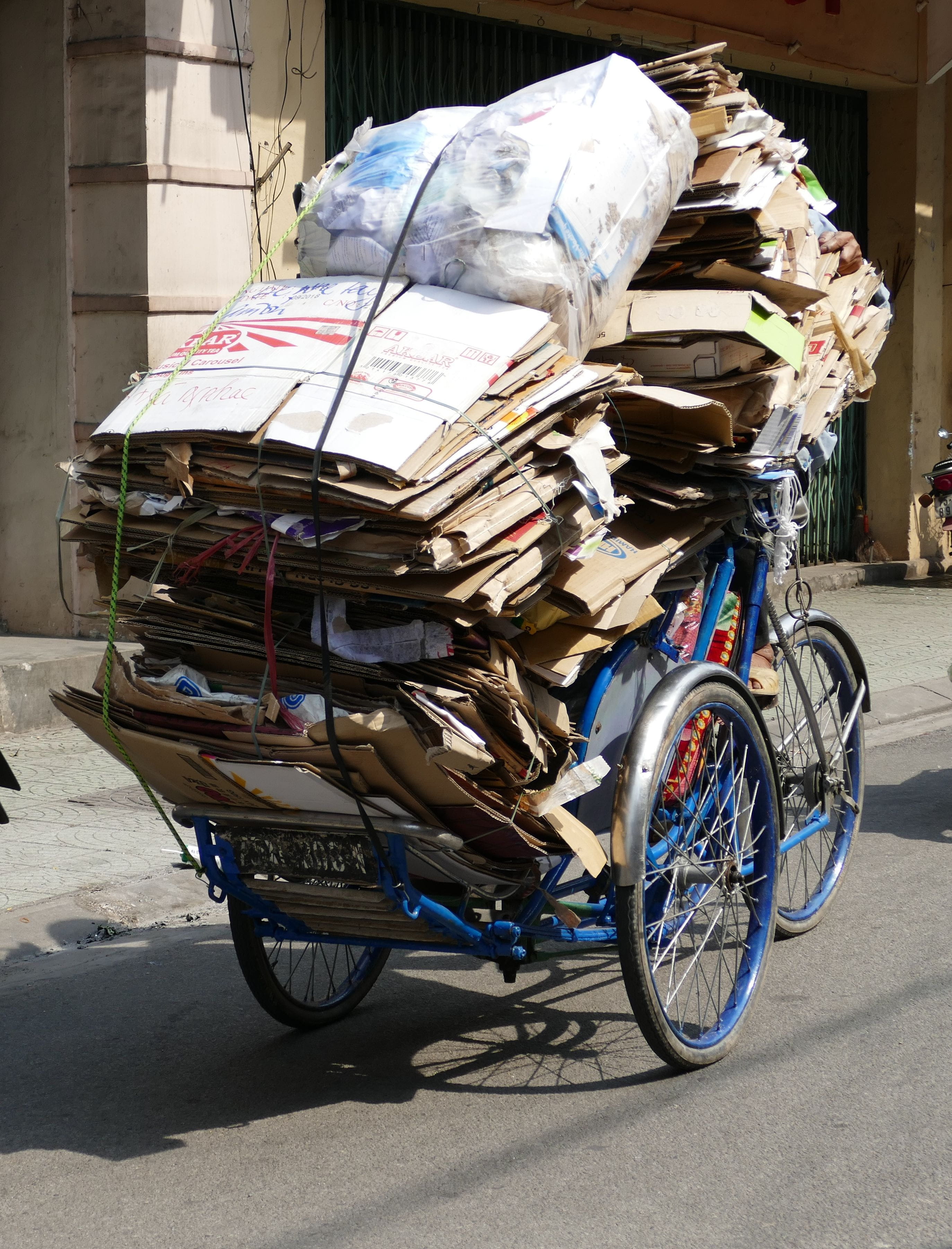 over-burdened, cart, city, mode of transportation, Vietnam, wheel, waste, Asia, sunlight, cardboard, outdoors, nature, architecture, large group of objects, Phone HD Wallpaper