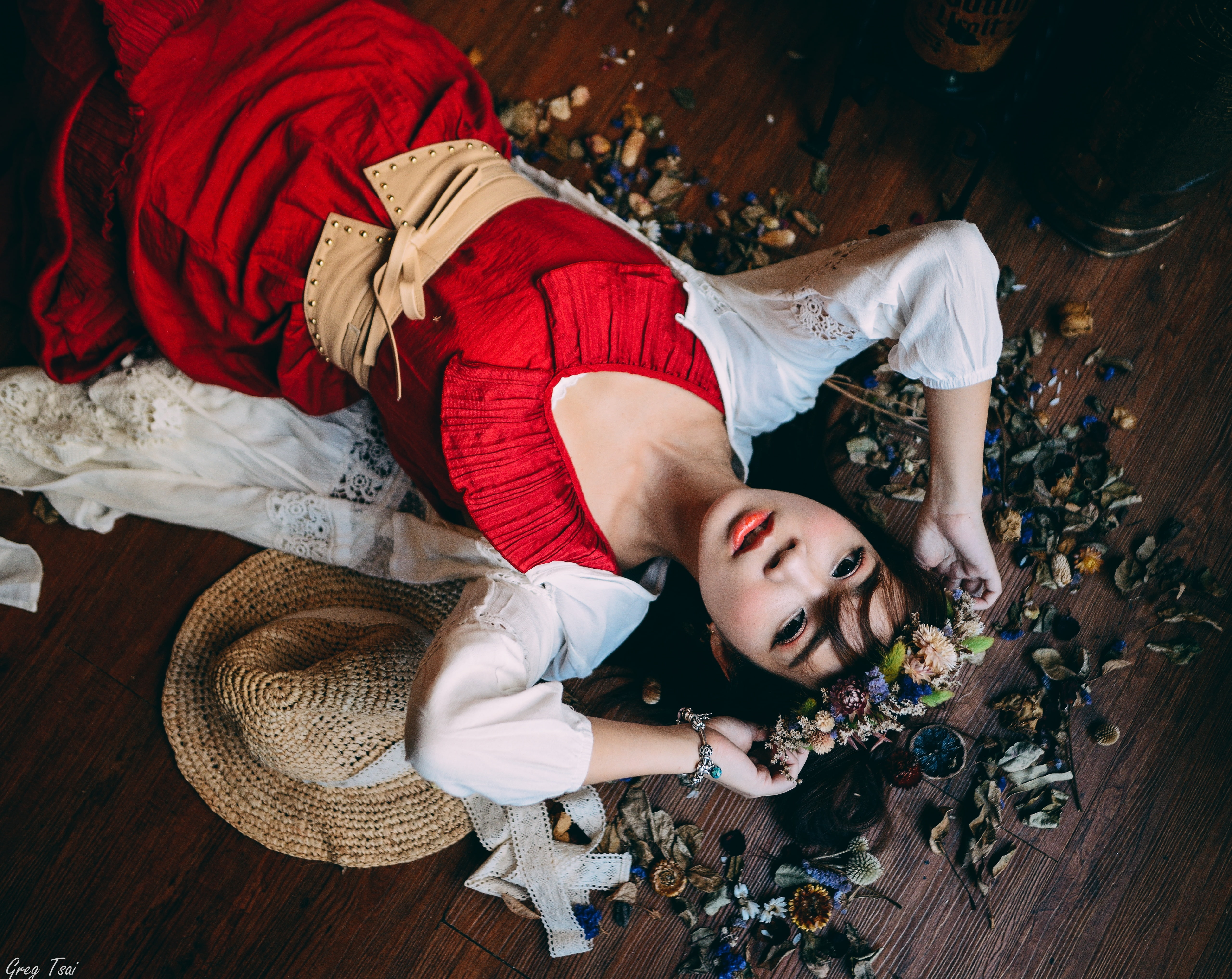 flooring, wood, antiquated, Girl, full length, 5K, beautiful woman, Lying, high angle view, reddress, contemplation, one person, women, Girls, lifestyles, HD Wallpaper