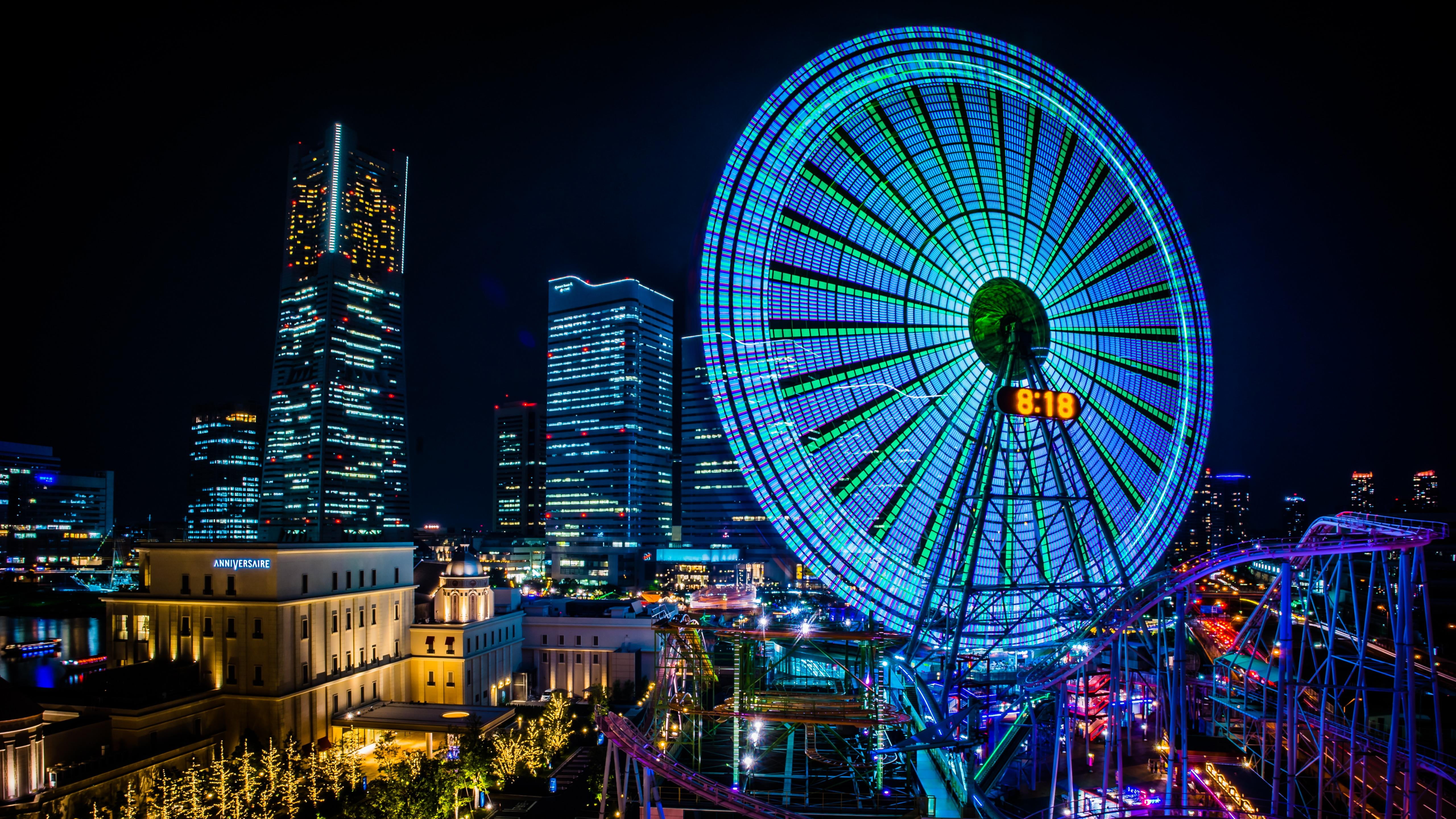assessment park, cityscape, amusement park, urban, cosmo world, building exterior, skyline, 5K, sky, roller coaster, long exposure photography, nature, HD Wallpaper