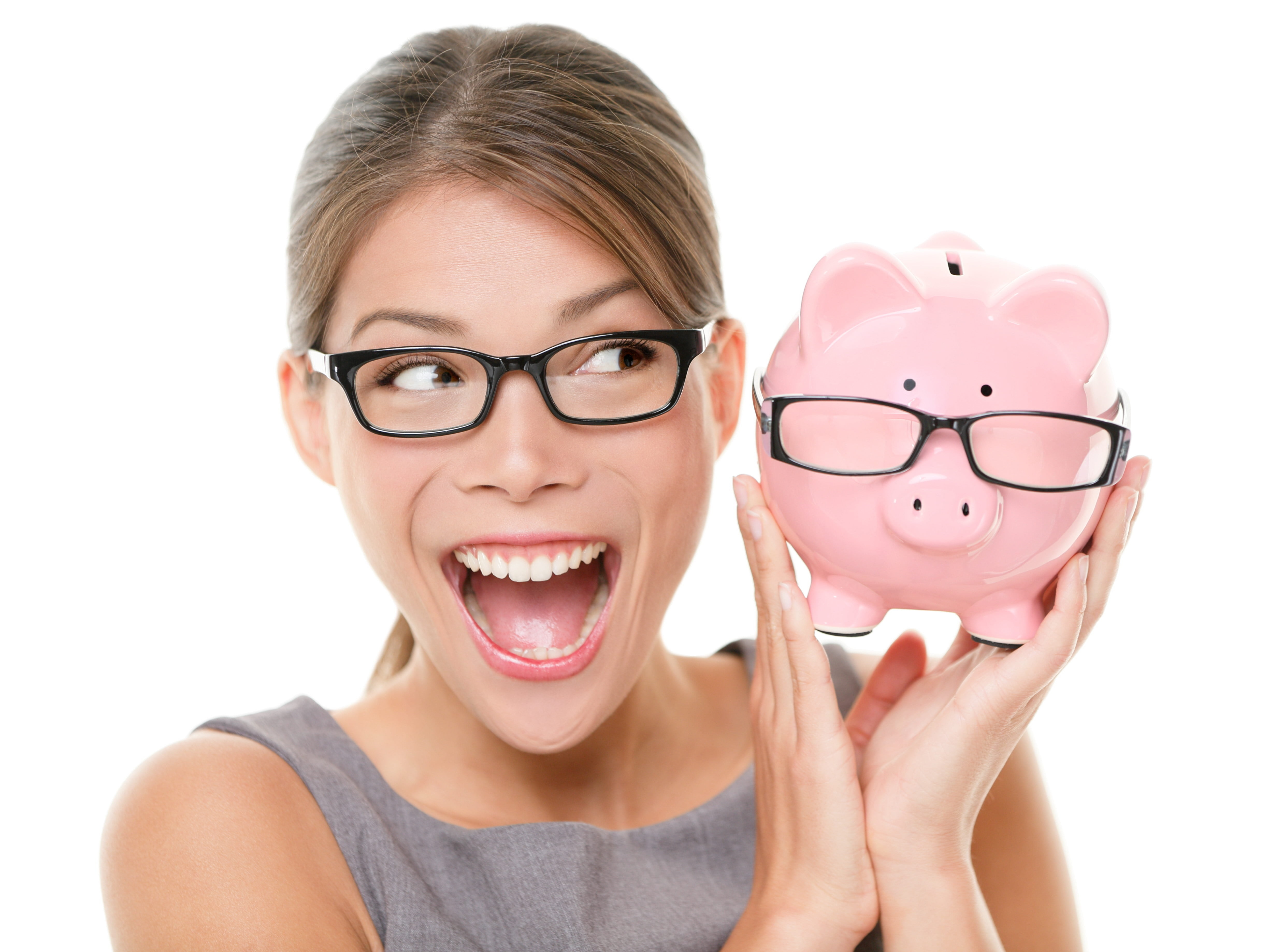 indoors, toothy Smile, positive Emotion, emotion, s, piggy Bank, beautiful woman, finance, piggy, wealth, excitement, pig, businesswoman, glasses, coin Bank, HD Wallpaper