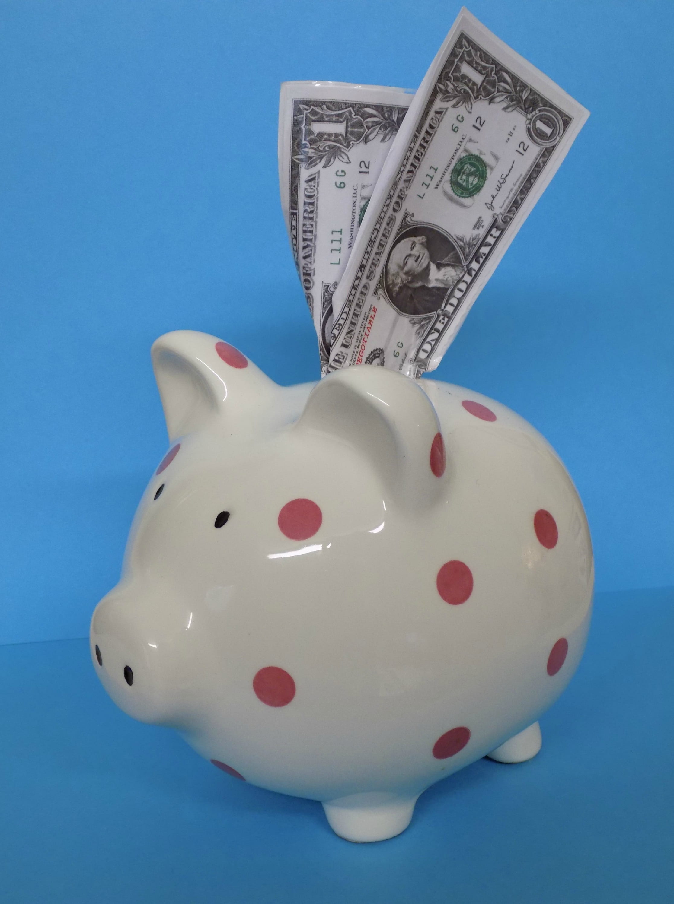 Piggy Bank, animal representation, 2K, indoors, deposit, pig, no people, paper currency, piggy, blue background, expense, blue, polka dot, still life, Phone HD Wallpaper