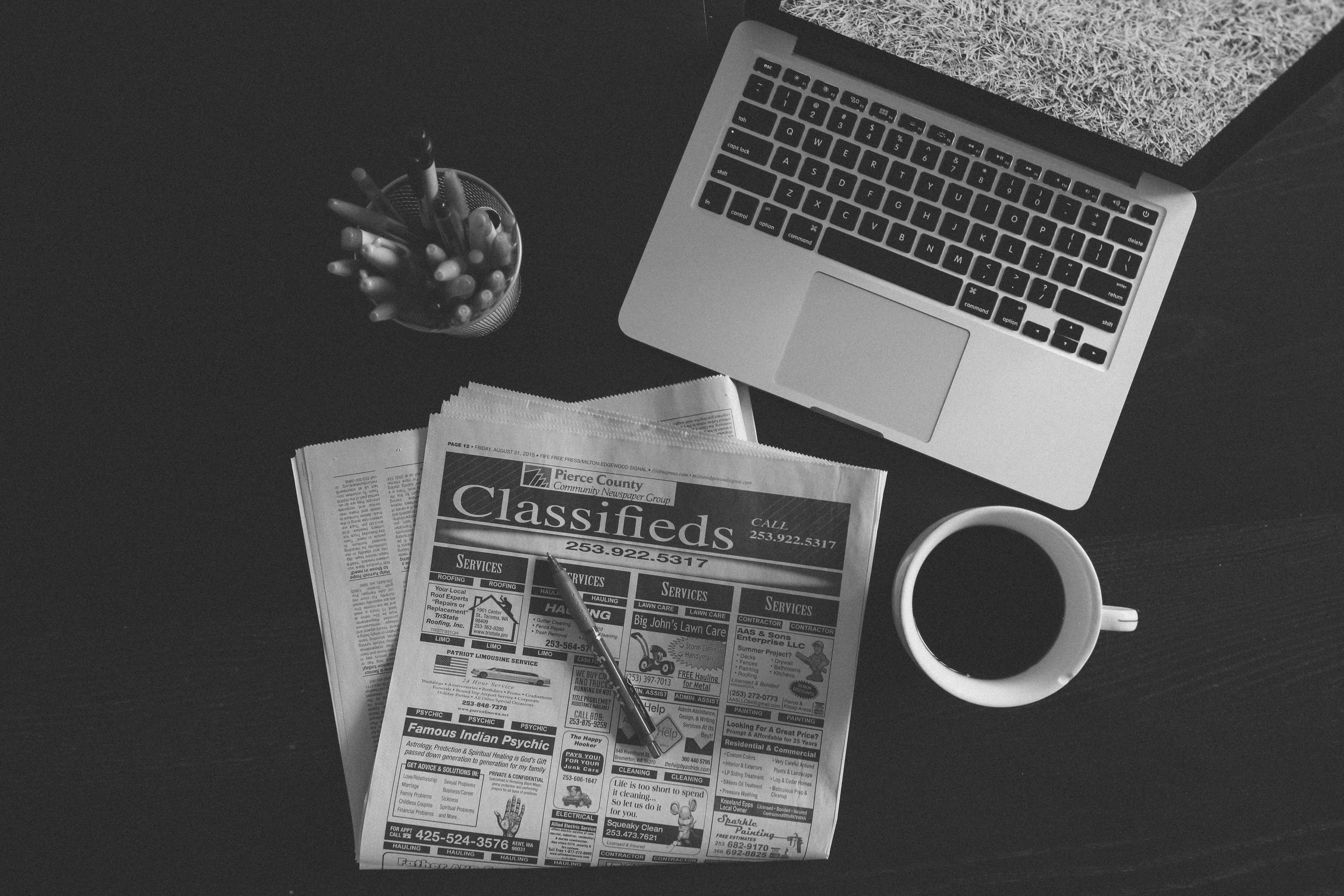 directly above, internet, beside, text, food and drink, laptop, photo, indoors, no people, newspaper, coffee cup, coffee - drink, mug, refreshment, coffee, HD Wallpaper