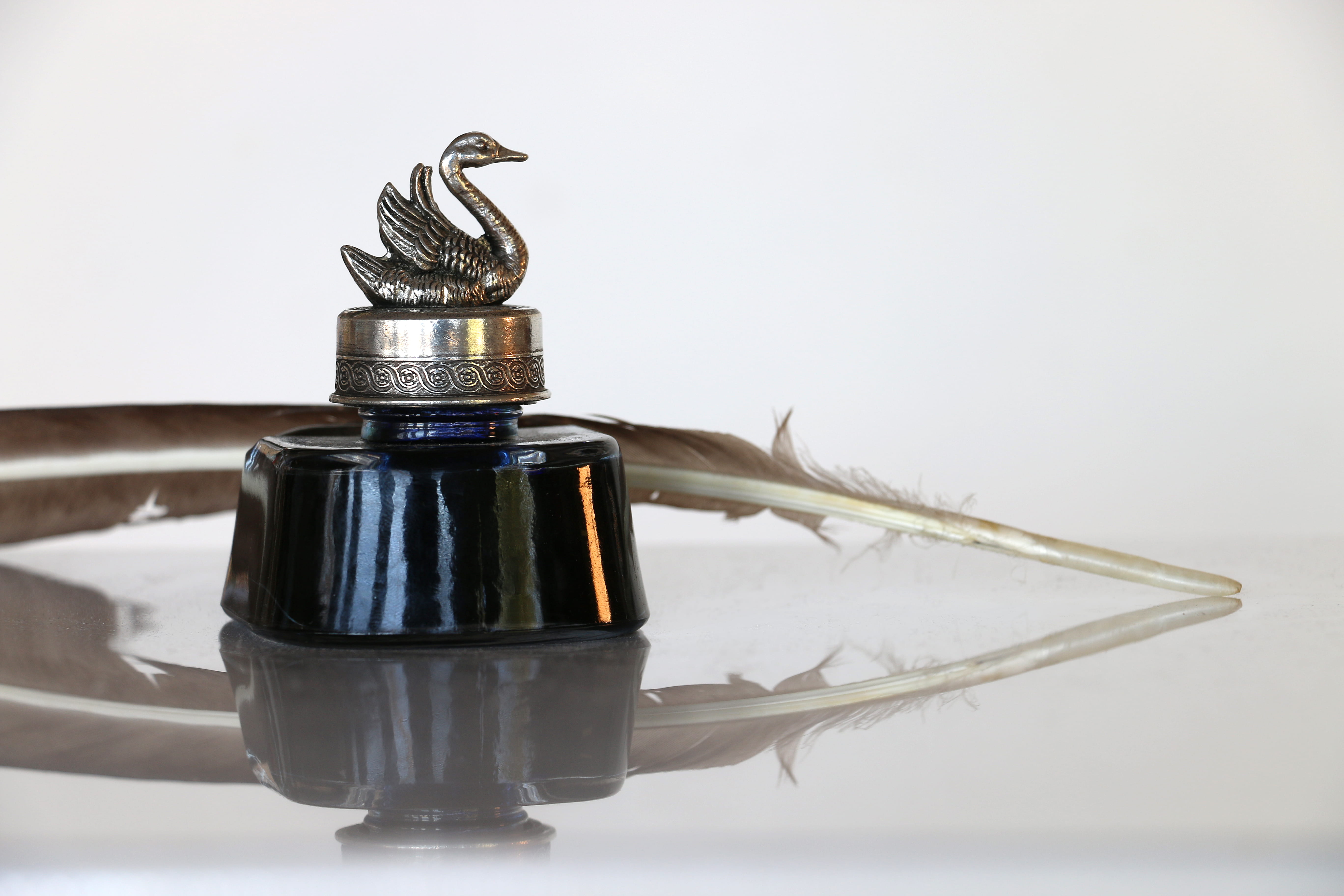 ink bottle, 5K, animal, treasure, close-up, household equipment, feather, bottle, emblem, container, metal, no people, reflection, cut out, symbol, copy space, HD Wallpaper