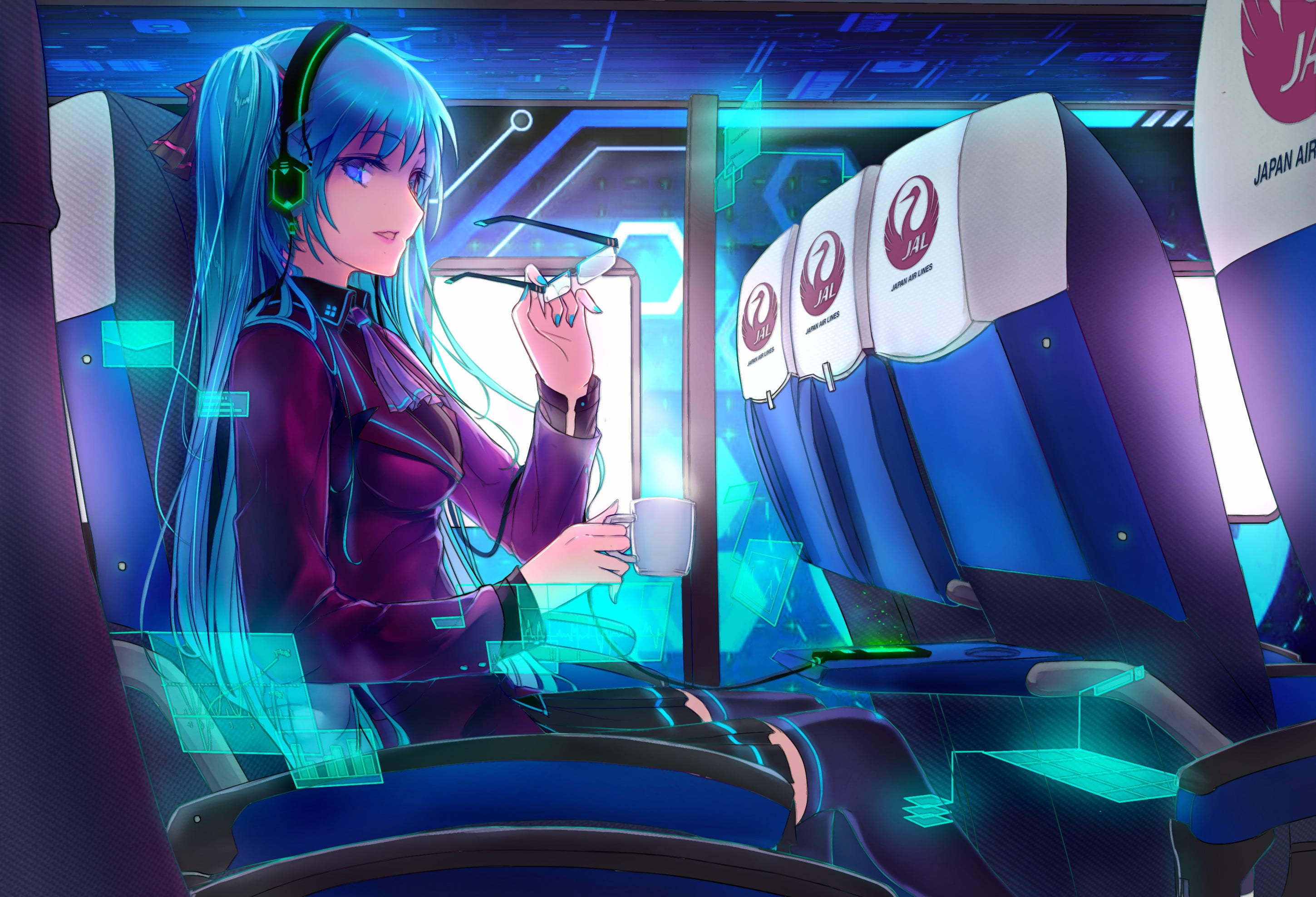 Hatsune Miku, headphones, telephone, blue hair, character, bangs, using phone, illuminated, 2K, mobile phone, coffee, real people, twintails, sitting, HD Wallpaper