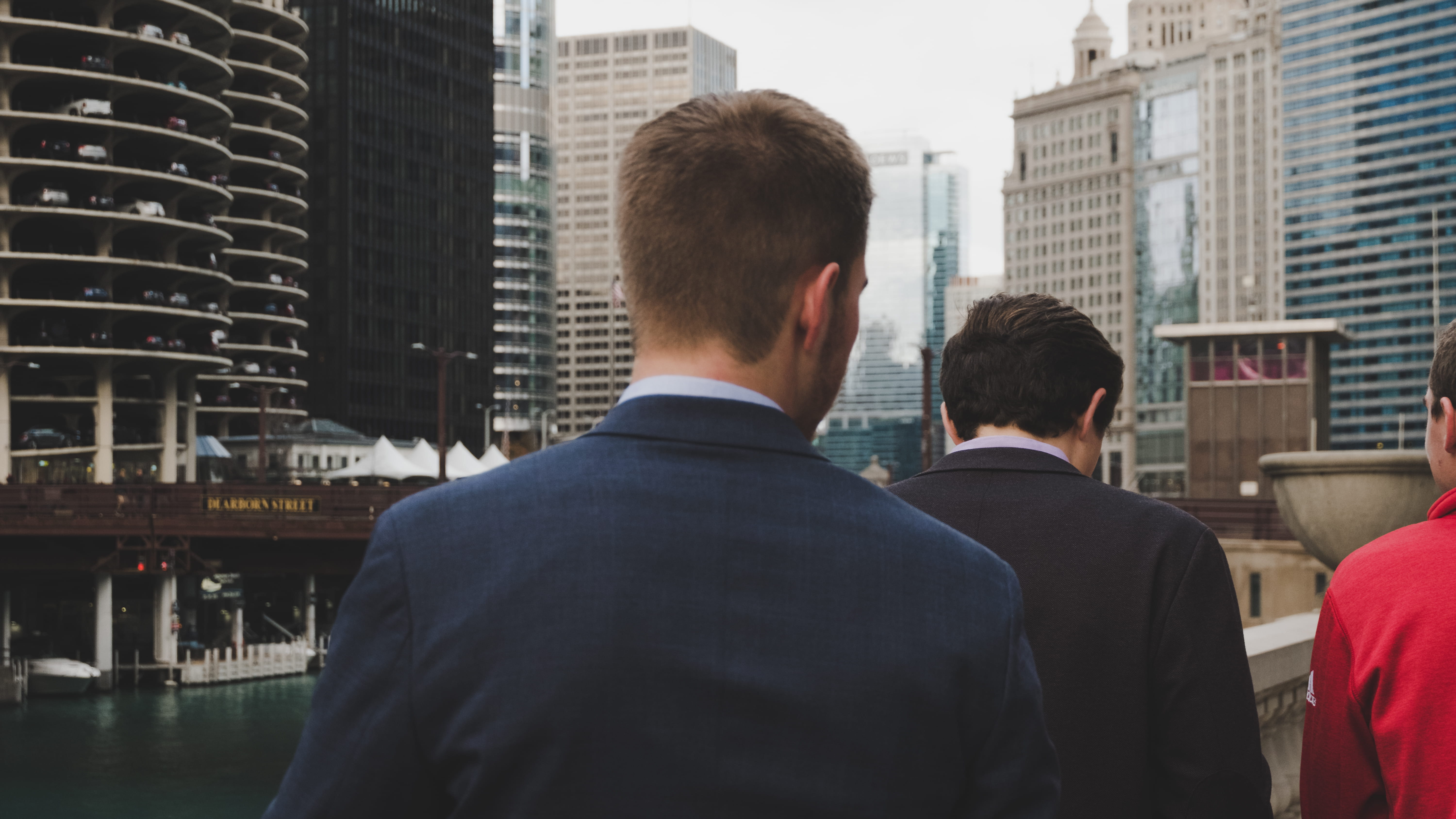 men, blue, business person, walking, business, architecture, 5K, rear view, two, behind, facing, office building exterior, skyscraper, man, daaytime, towards, HD Wallpaper