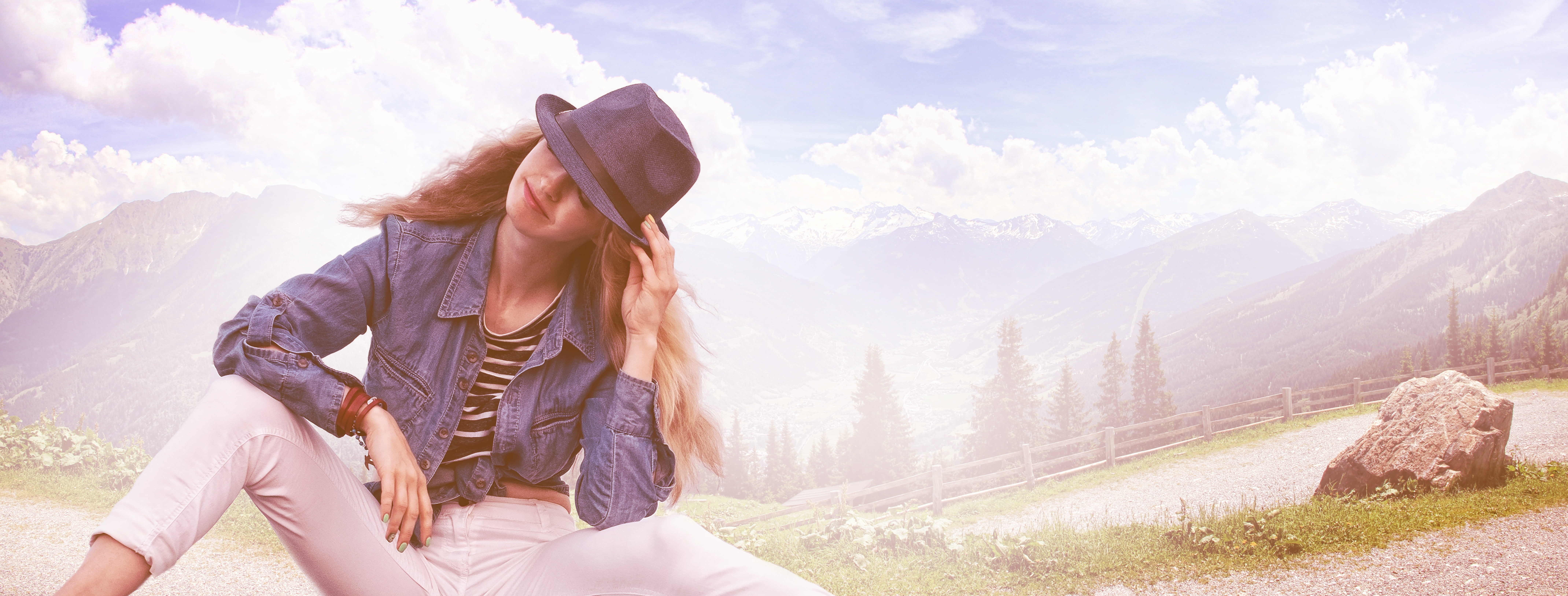 denim, hat, and, skinny, black, sitting, 8K, white, ground, jeans, while, fedora, wearing, blazer, blue, woman, HD Wallpaper