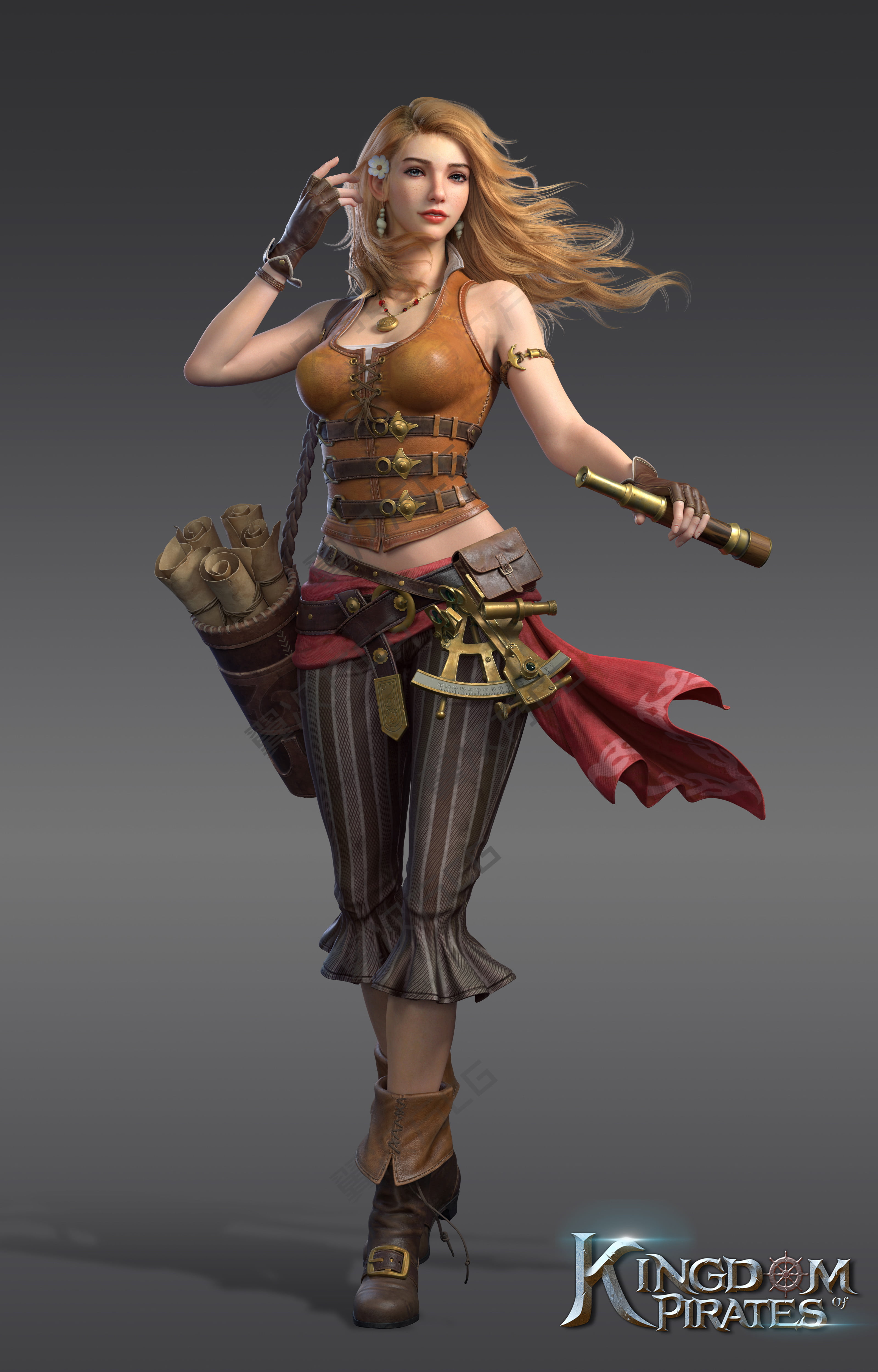Cifangyi, pirates, CGI, women, video game art, blonde, boots, wind, spyglass, flower in hair, 4K, scrolls, Phone HD Wallpaper