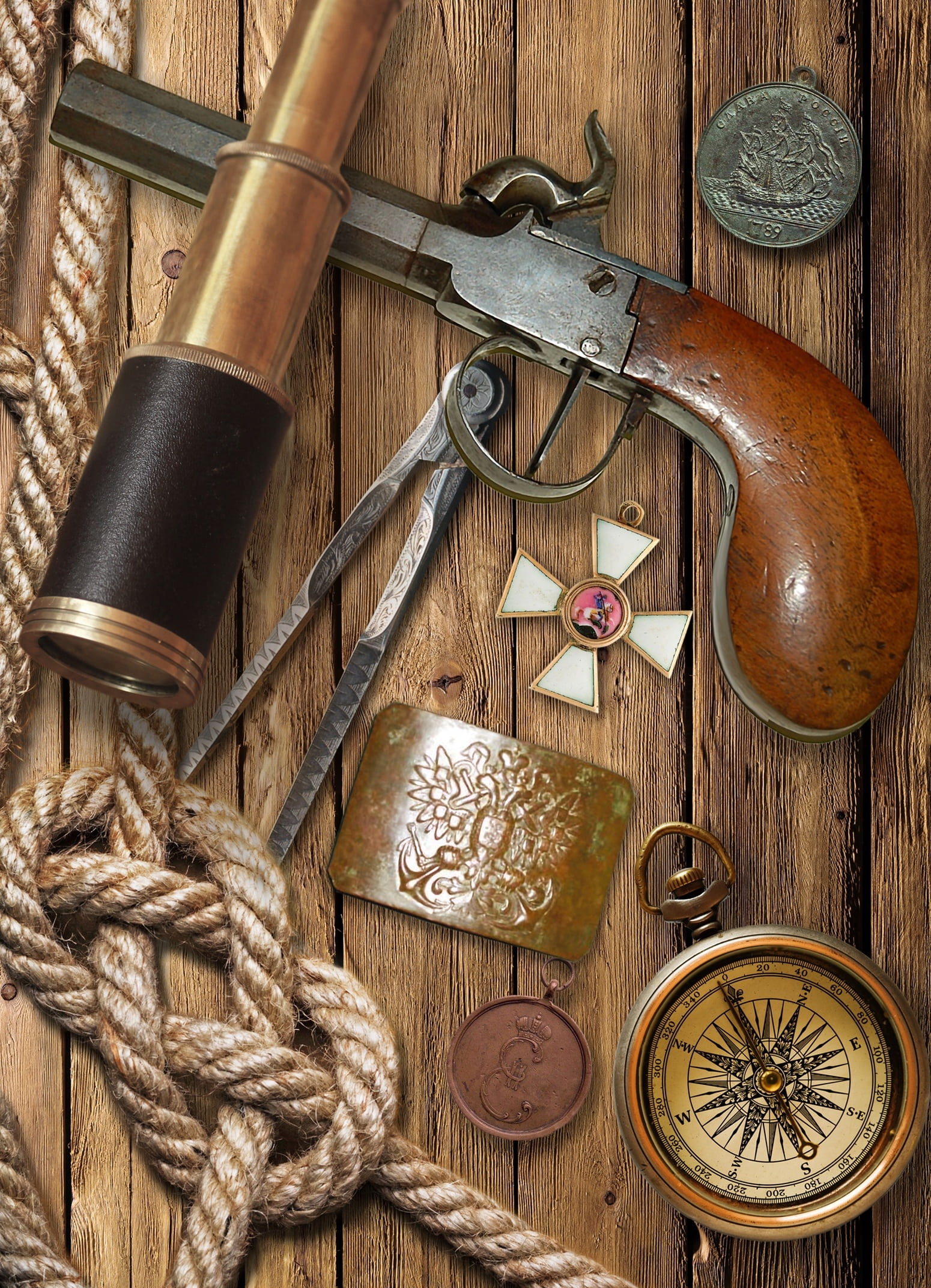 attributes, 18th century, high angle view, deck, rope, design, metal, close-up, no people, flintlock pistol, reward, the past, holy order, large group of objects, Phone HD Wallpaper