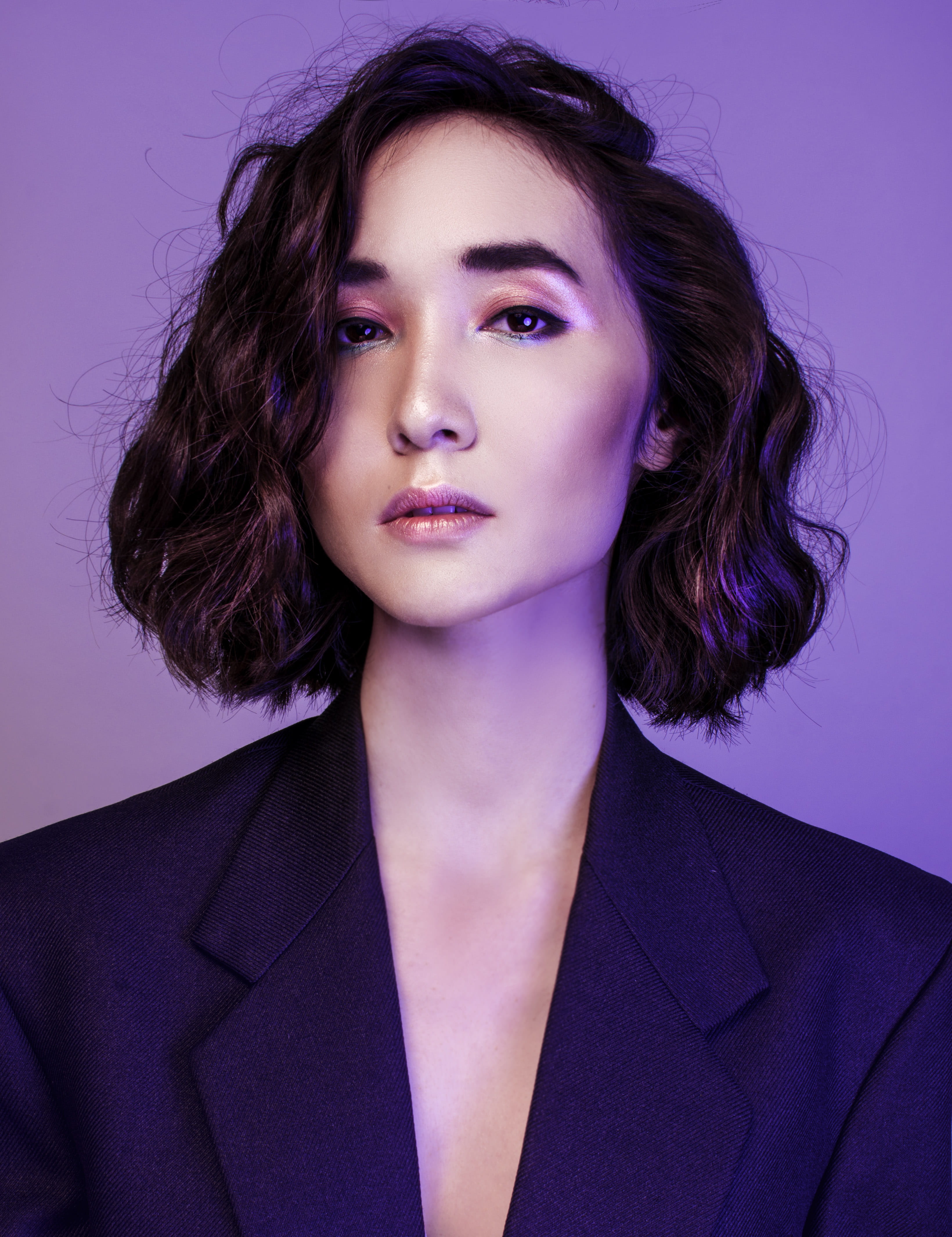 human face, young adult, beautiful woman, 4K, women, studio shot, hair, wearing, blazer, blue, fashion, portrait, purple, glamour, long hair, looking at camera, Phone HD Wallpaper