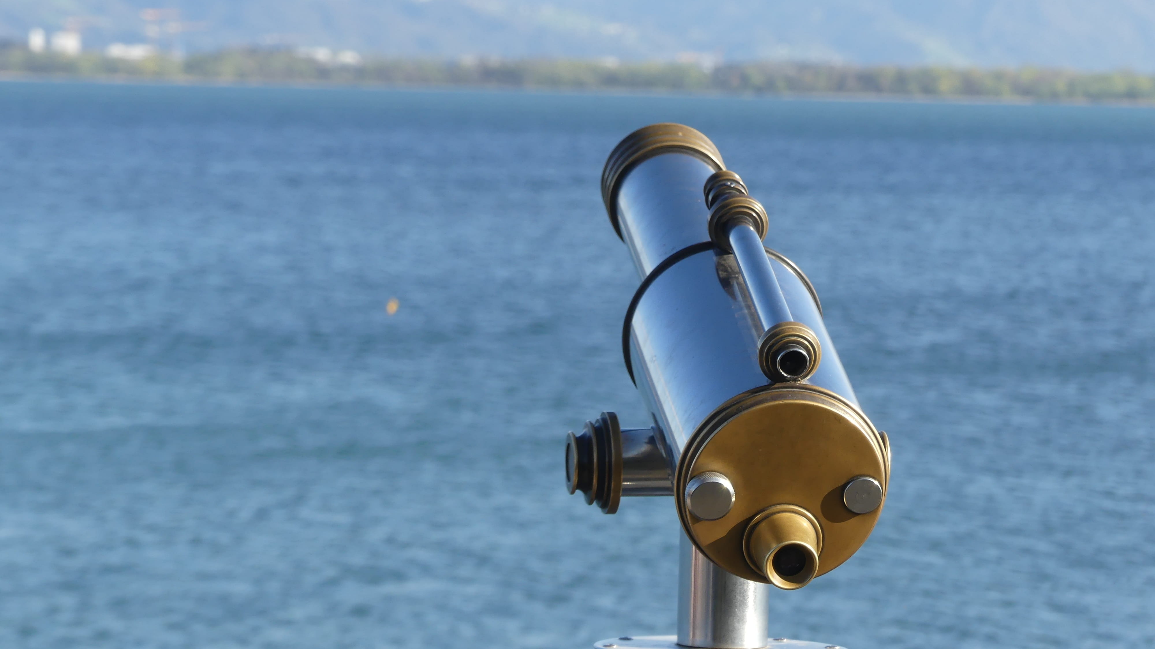metal, blue, beauty in nature, surveillance, water, no people, day, sky, nature, waters, close-up, lake, view, travel, outdoors, scenics - nature, binoculars, HD Wallpaper